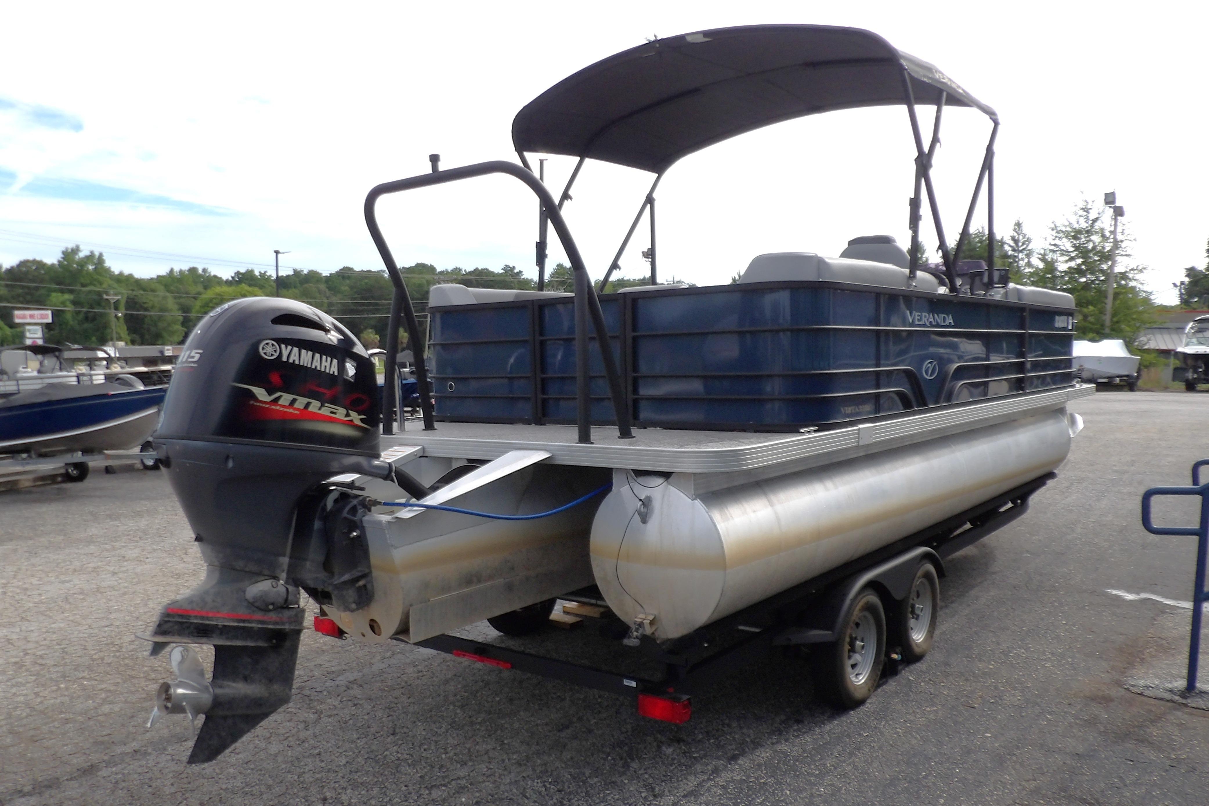 2022 Veranda Vista View 22RC pontoon boat with Yamaha outboard motor on trailer.