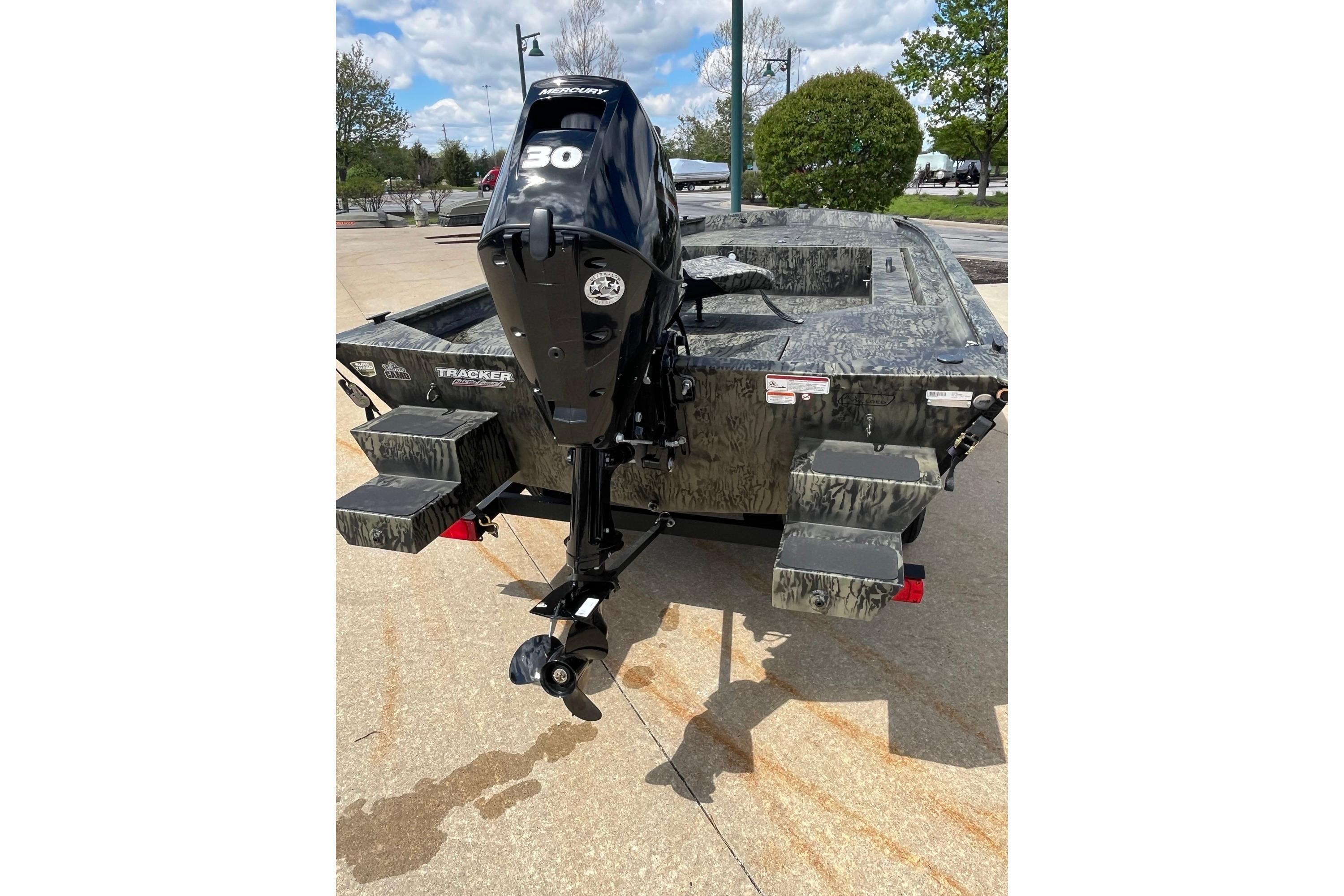 2026 Tracker Grizzly 1654 T Sportsman boat with Mercury 30 outboard motor.