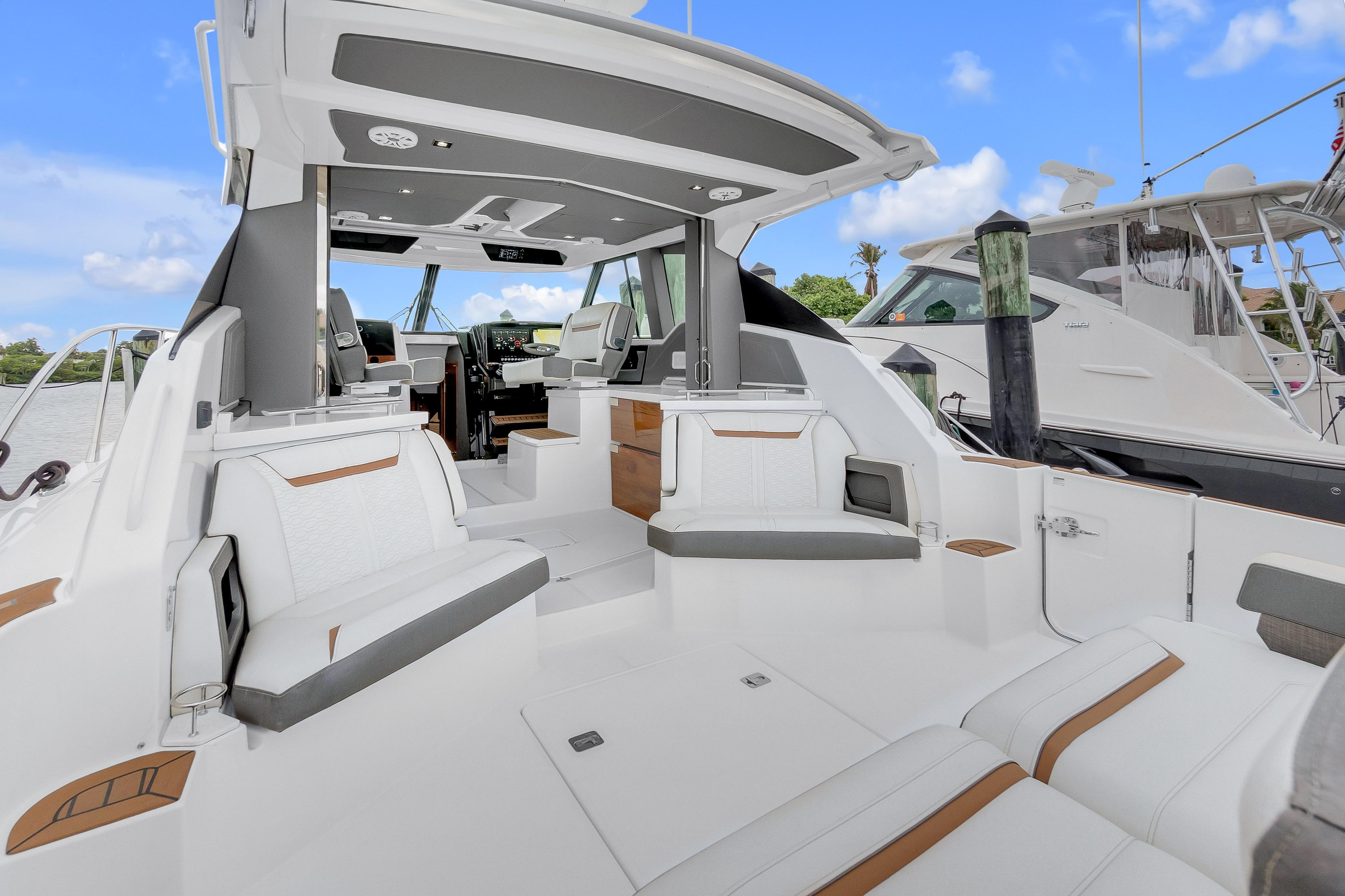 2021 Tiara Sport 43 LE luxury boat interior with sleek seating and modern design.