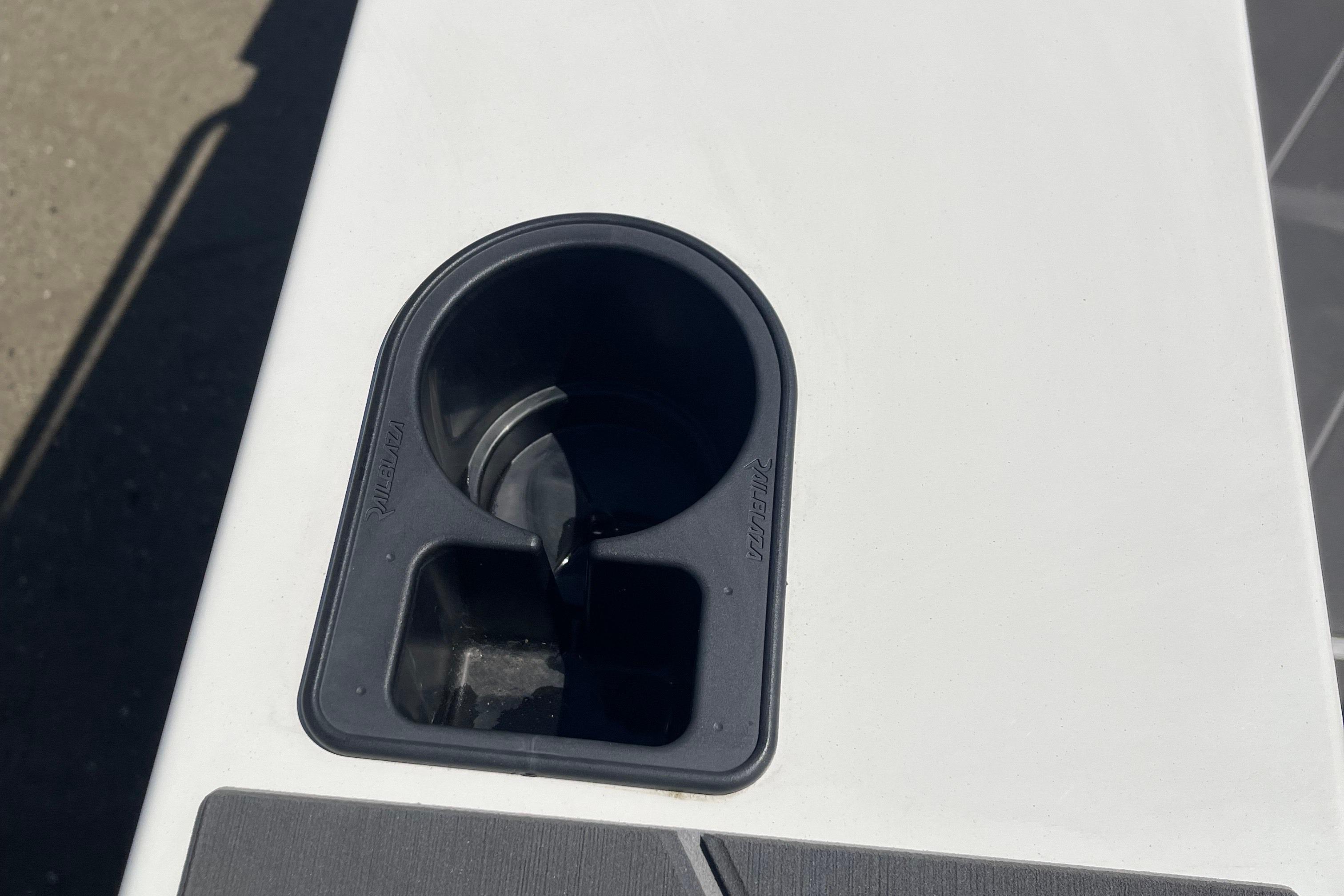 Cup holder on 2024 Stabicraft 1450 Frontier boat, featuring a sleek design.