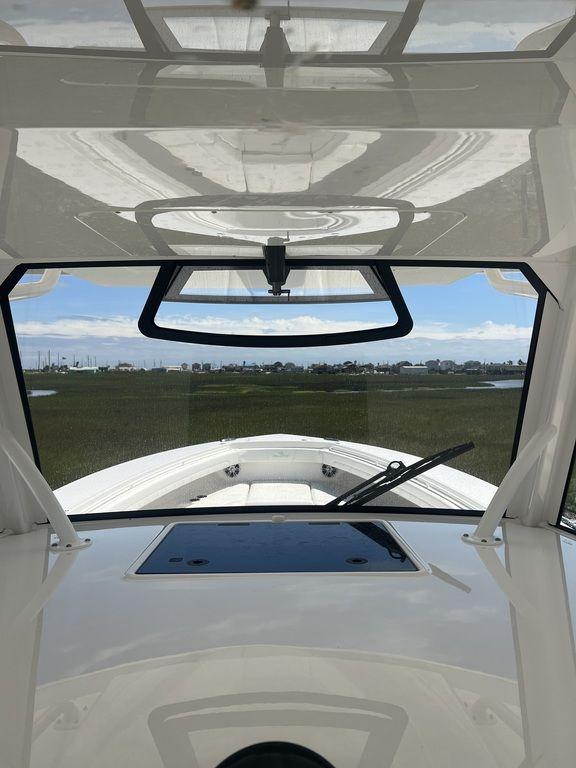 2021 Regulator 41 boat interior with windshield view and sleek design.