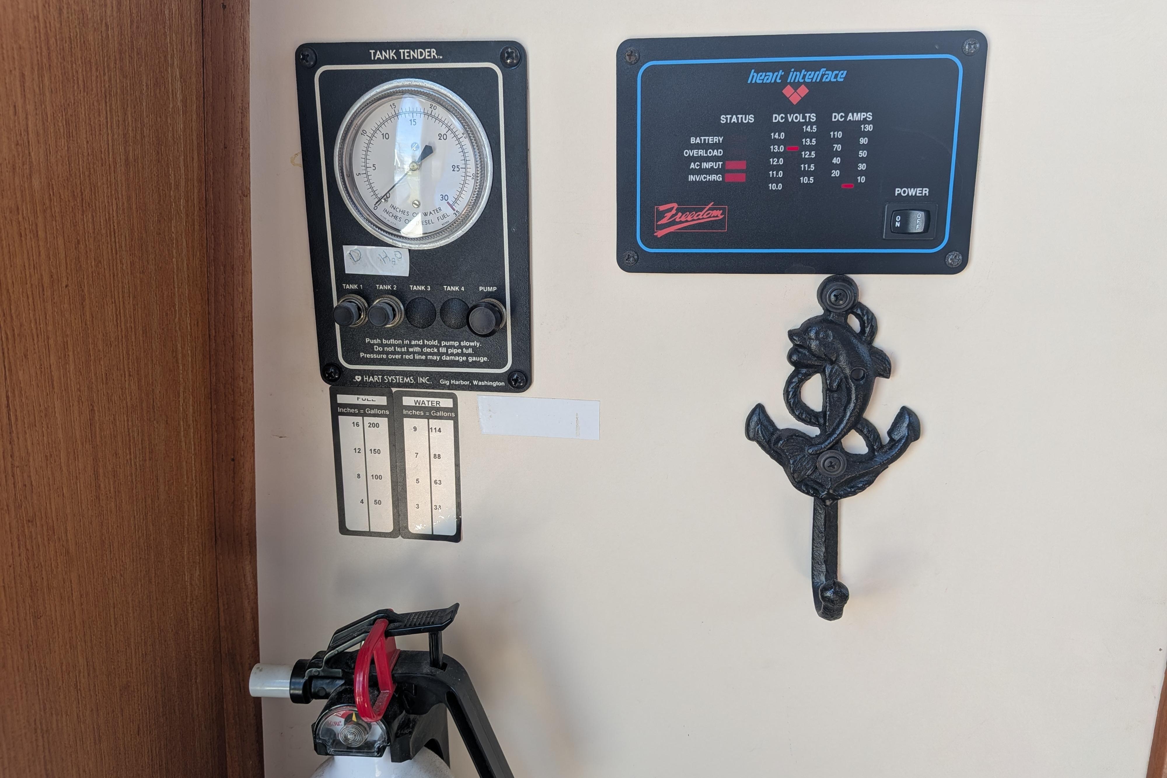 Control panel and anchor hook inside a 1998 Nordic Tug 32 boat.