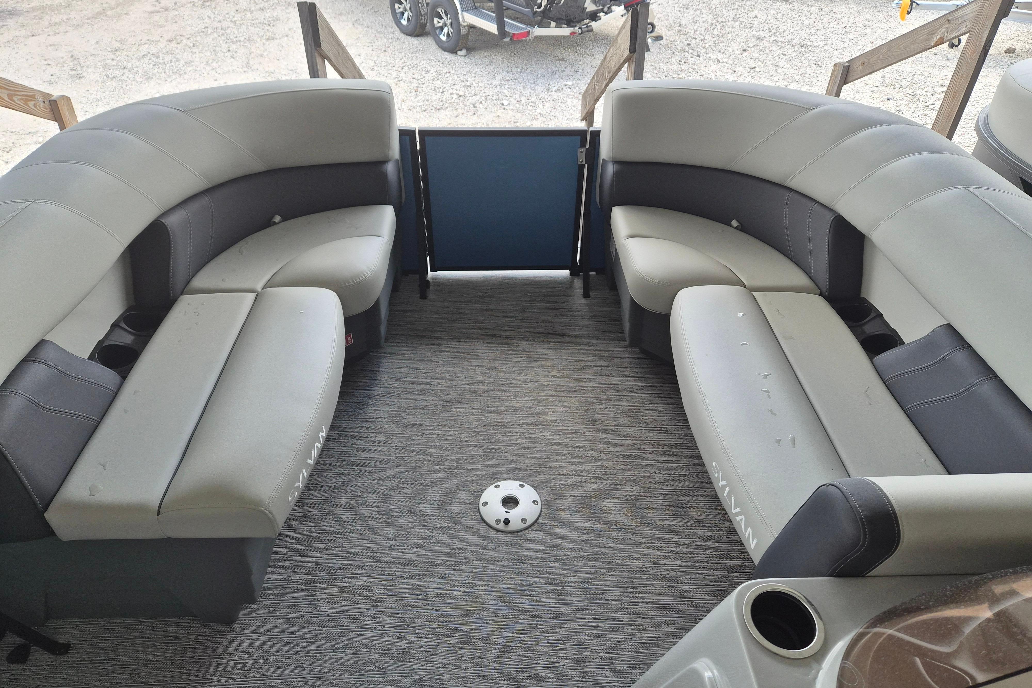 2026 Sylvan Mirage Fish 820 Party Fish boat interior with spacious seating.