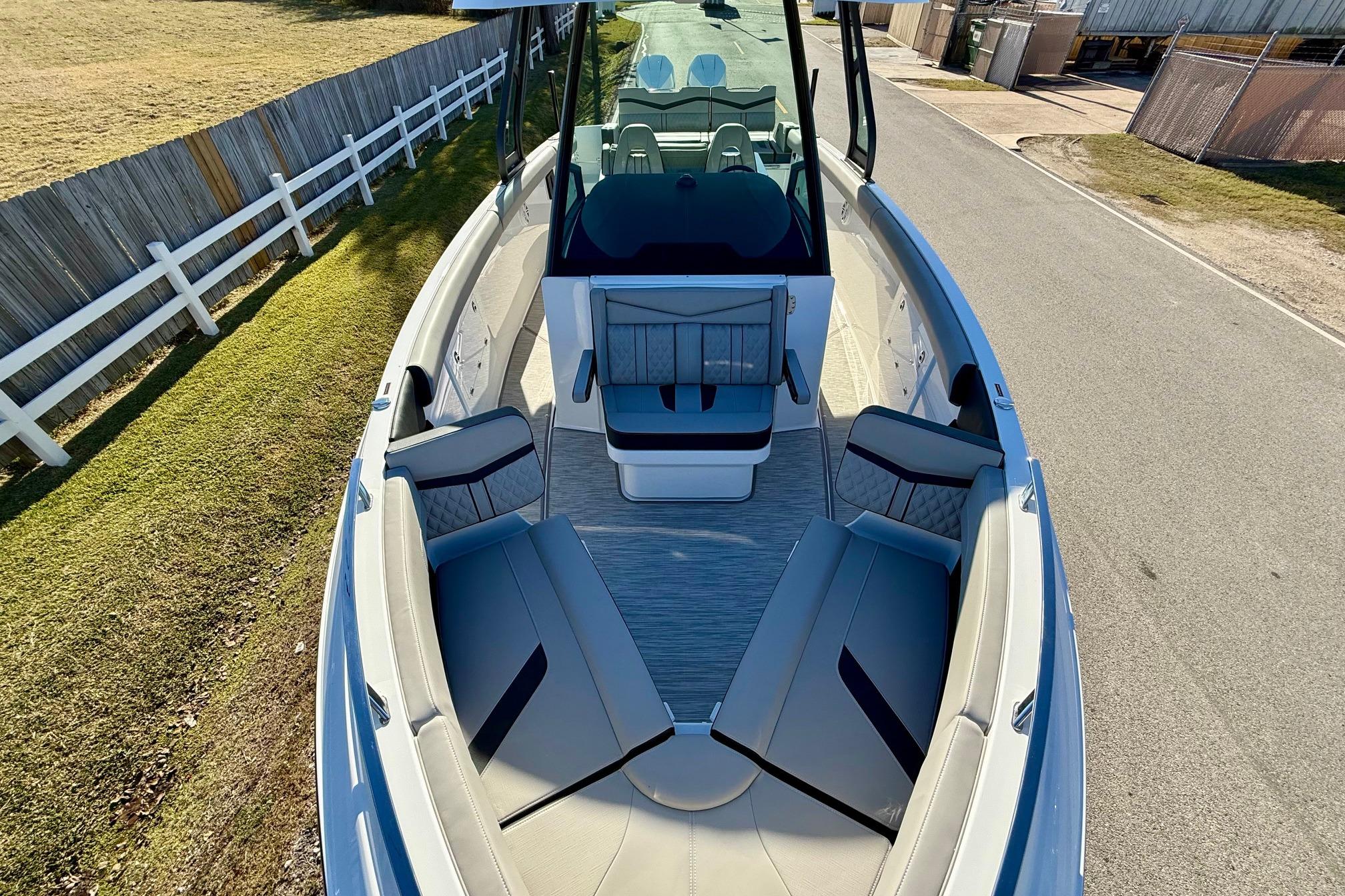 Interior view of the 2026 Monterey Elite 30 OB boat.