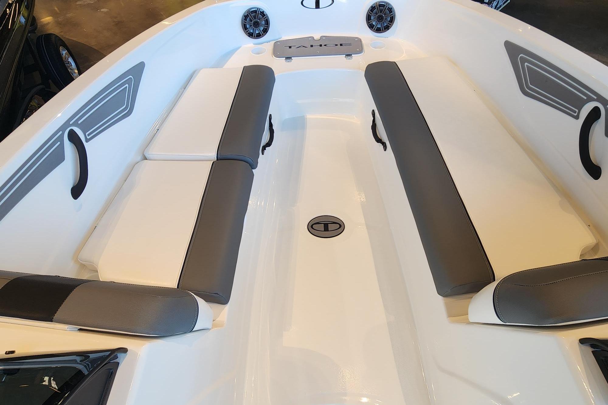 2026 Tahoe T21 boat interior with gray and white seating, modern design.