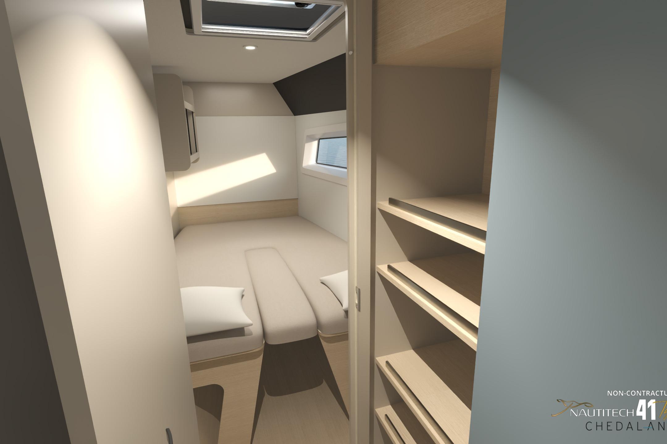 Interior of Nautitech 41 Type S 2026 with bed and shelves.