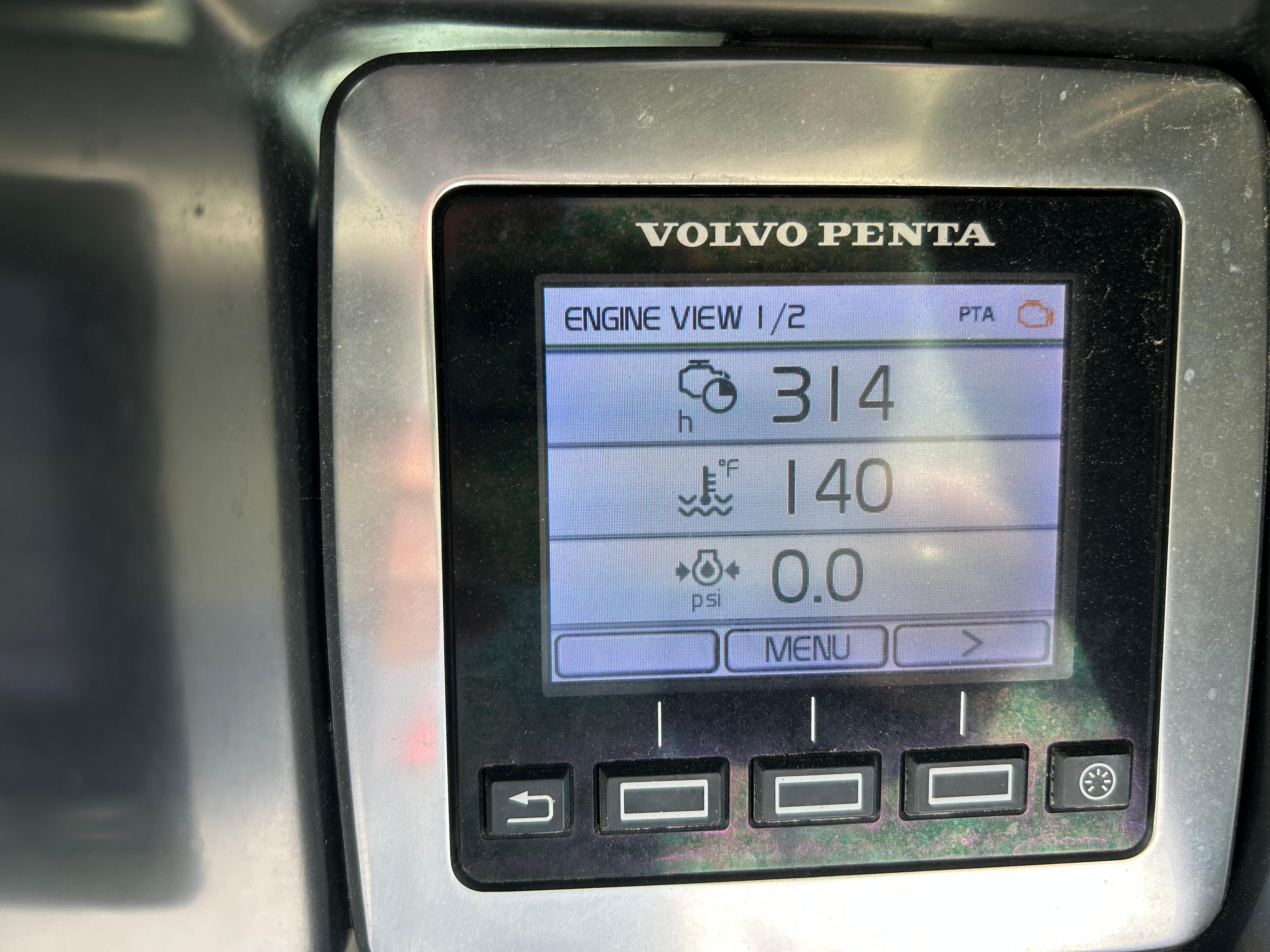 Volvo Penta engine display on 2014 Chaparral 310 Signature, showing engine metrics.