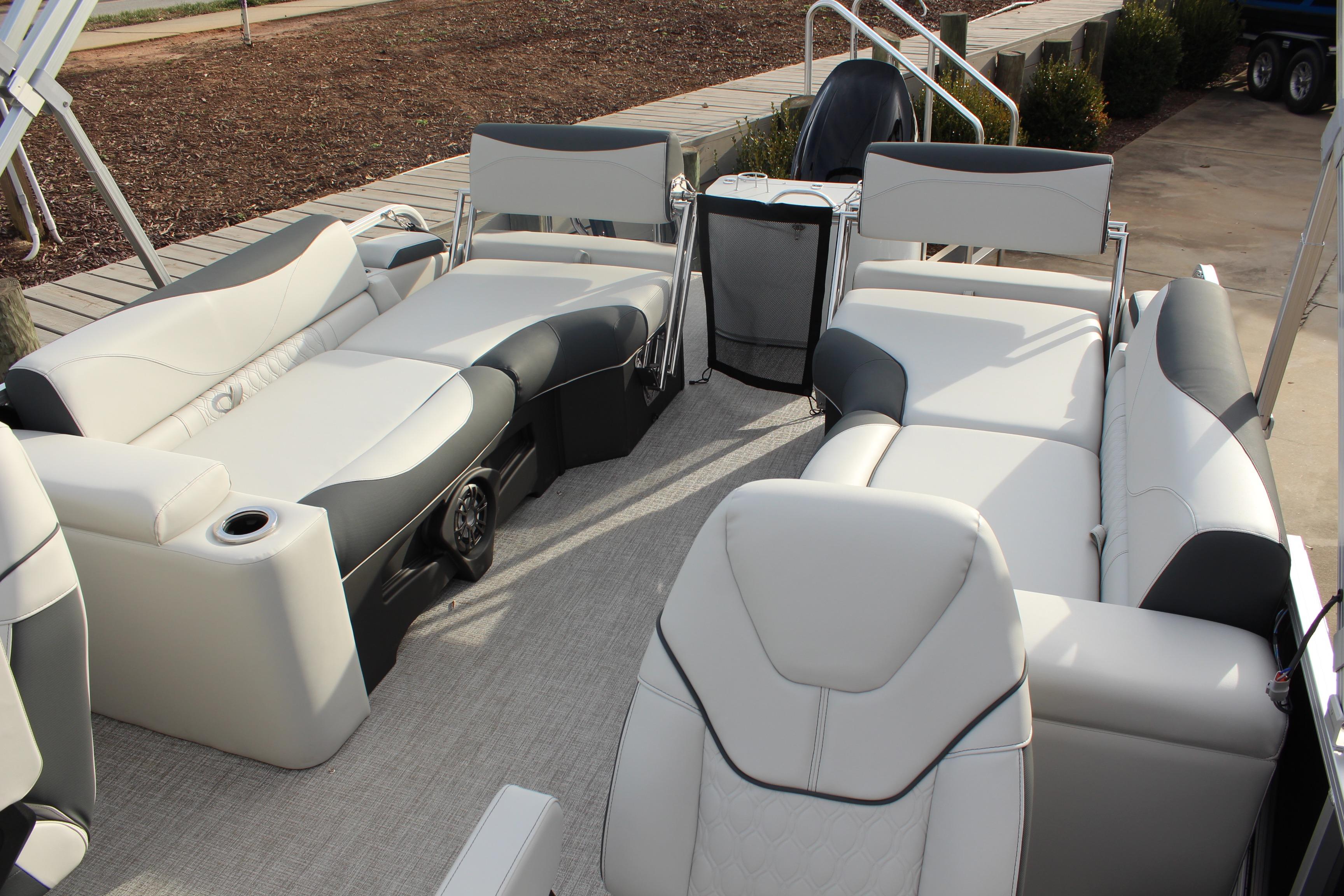2026 Tahoe Pontoon LTZ interior with luxurious seating and modern design.