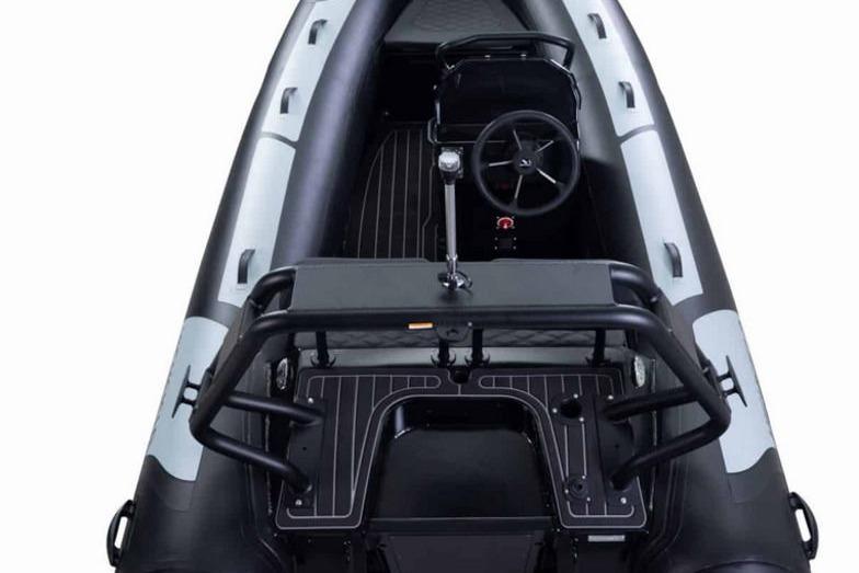 2025 Highfield Sport390 inflatable boat, top view of steering console and seating area.