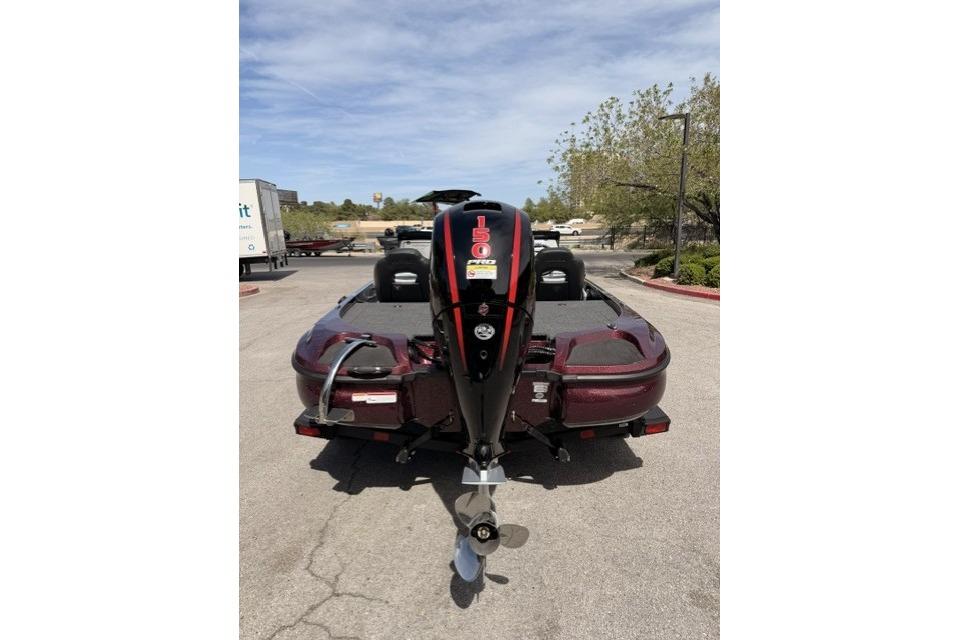 Rear view of a 2026 Nitro Z18 boat with a 150 HP outboard motor.