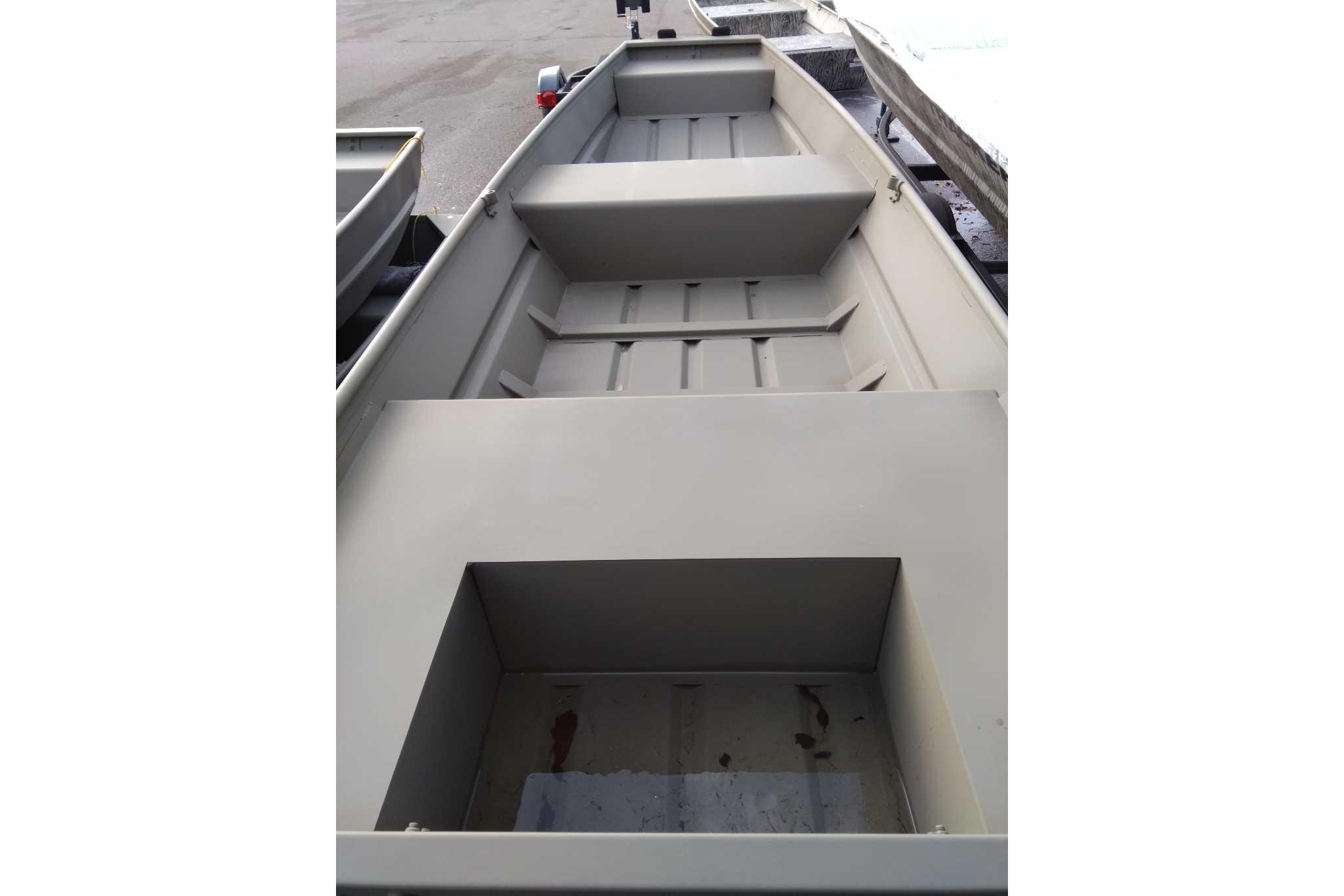 2026 Tracker Grizzly 14 Jon boat interior, showcasing spacious seating and storage.