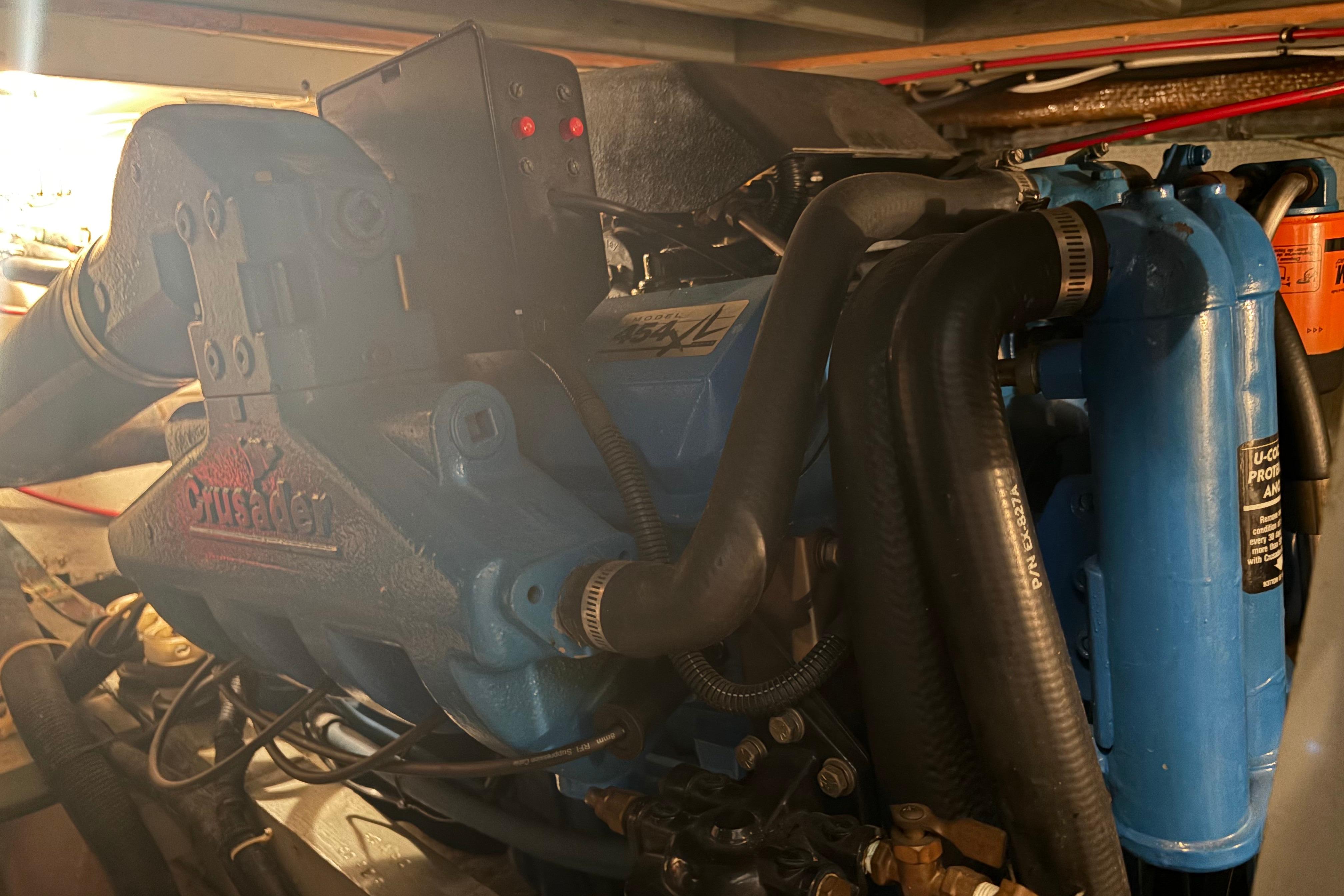 Engine of a 1971 Chris-Craft 42 Commander boat, featuring Crusader components.