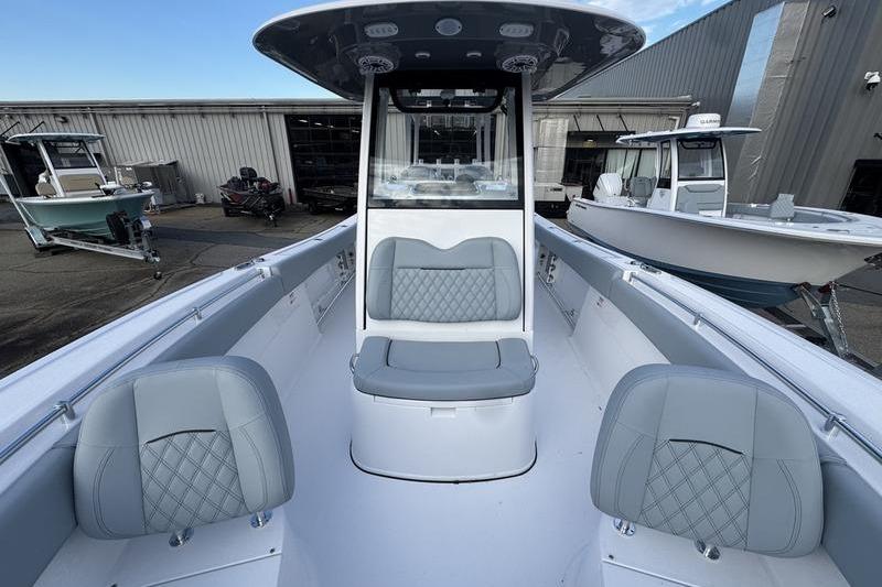 2026 Sportsman Open 282 Center Console boat interior with gray seating and modern design.