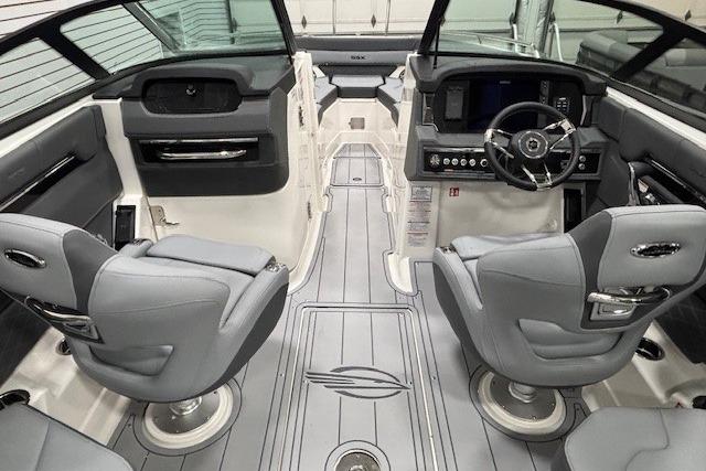 Interior of 2026 Chaparral SSX 8 boat with modern seating and dashboard.
