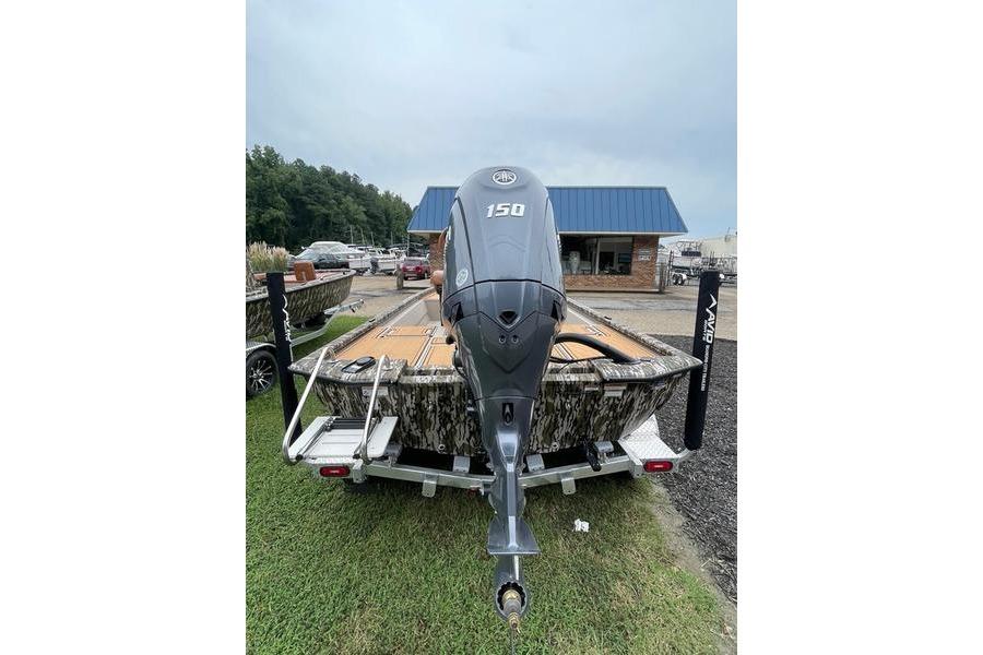 2026 Avid 21 FSX boat with 150 HP engine on trailer, parked outdoors.