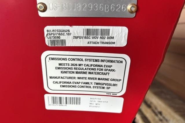 Emissions control information on 2026 Tracker Pro Guide V-16 SC boat transom.
