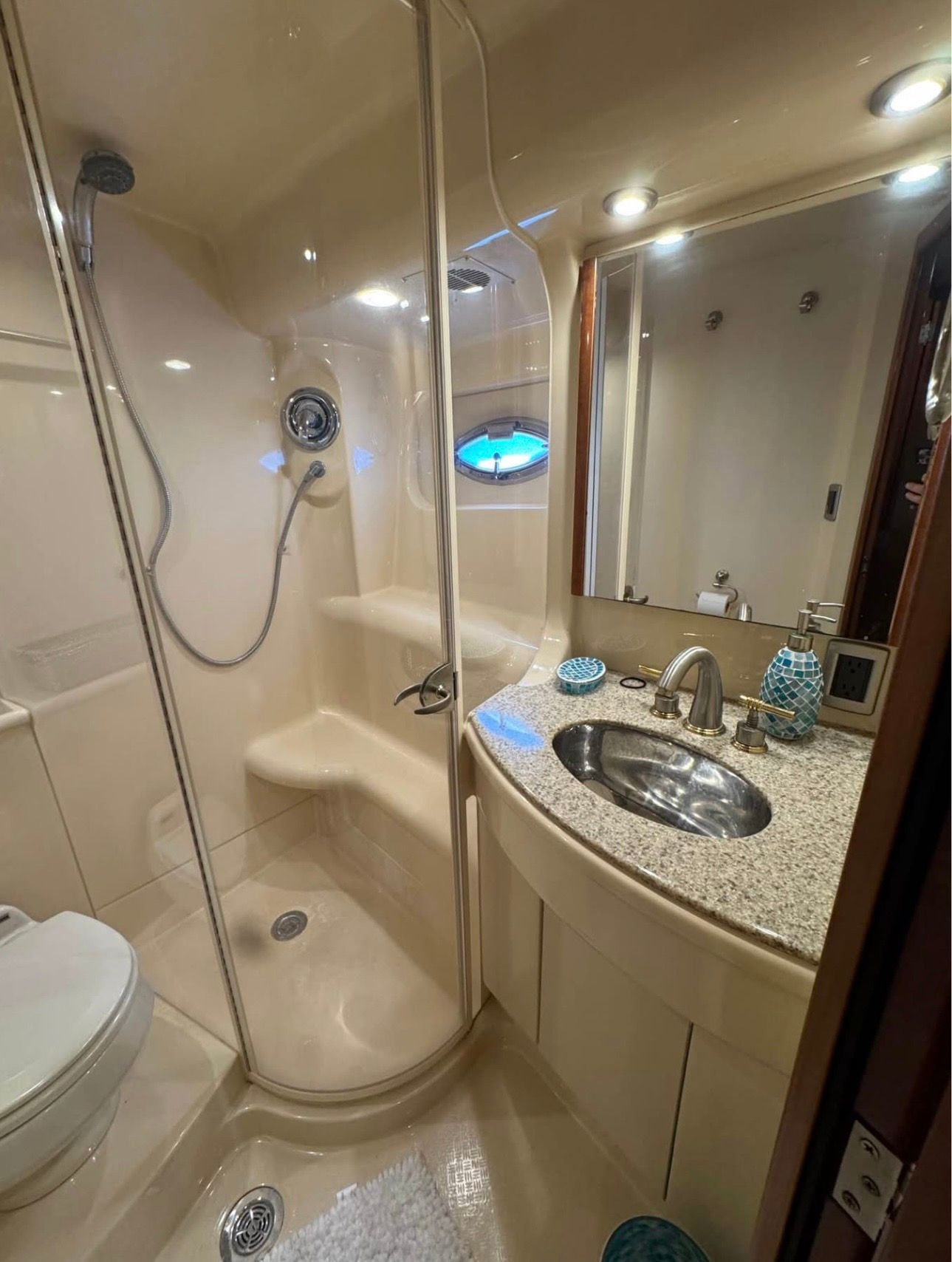Luxurious bathroom in a 2007 Meridian 411 Sedan yacht.