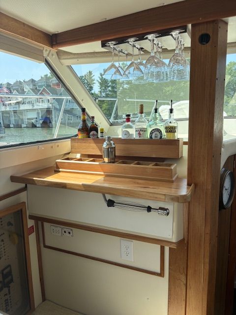 Interior of a 1986 Sea Ray 360 Aft Cabin with bar area.