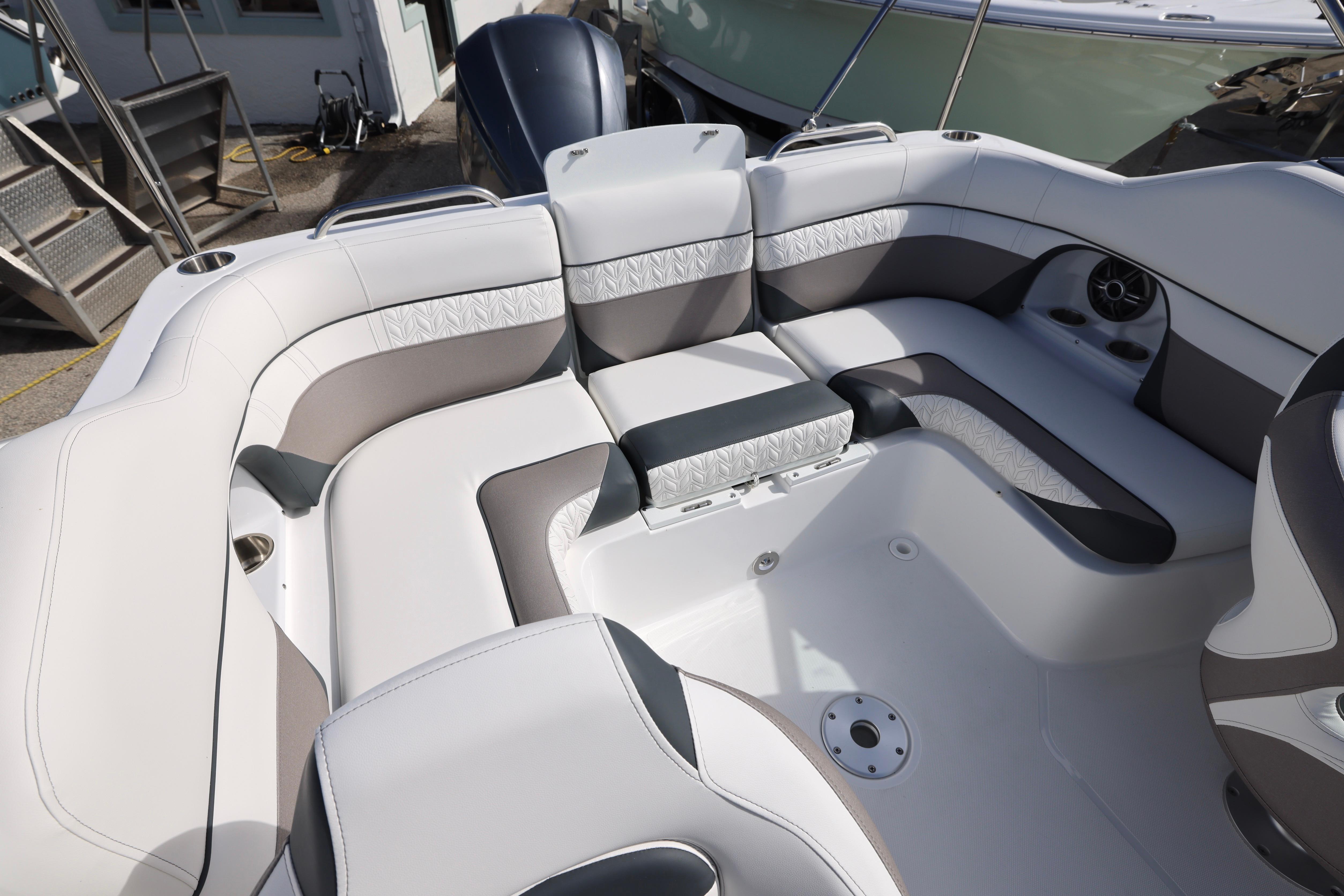 2026 Hurricane SunDeck 2486 OB boat interior with spacious seating and modern design.