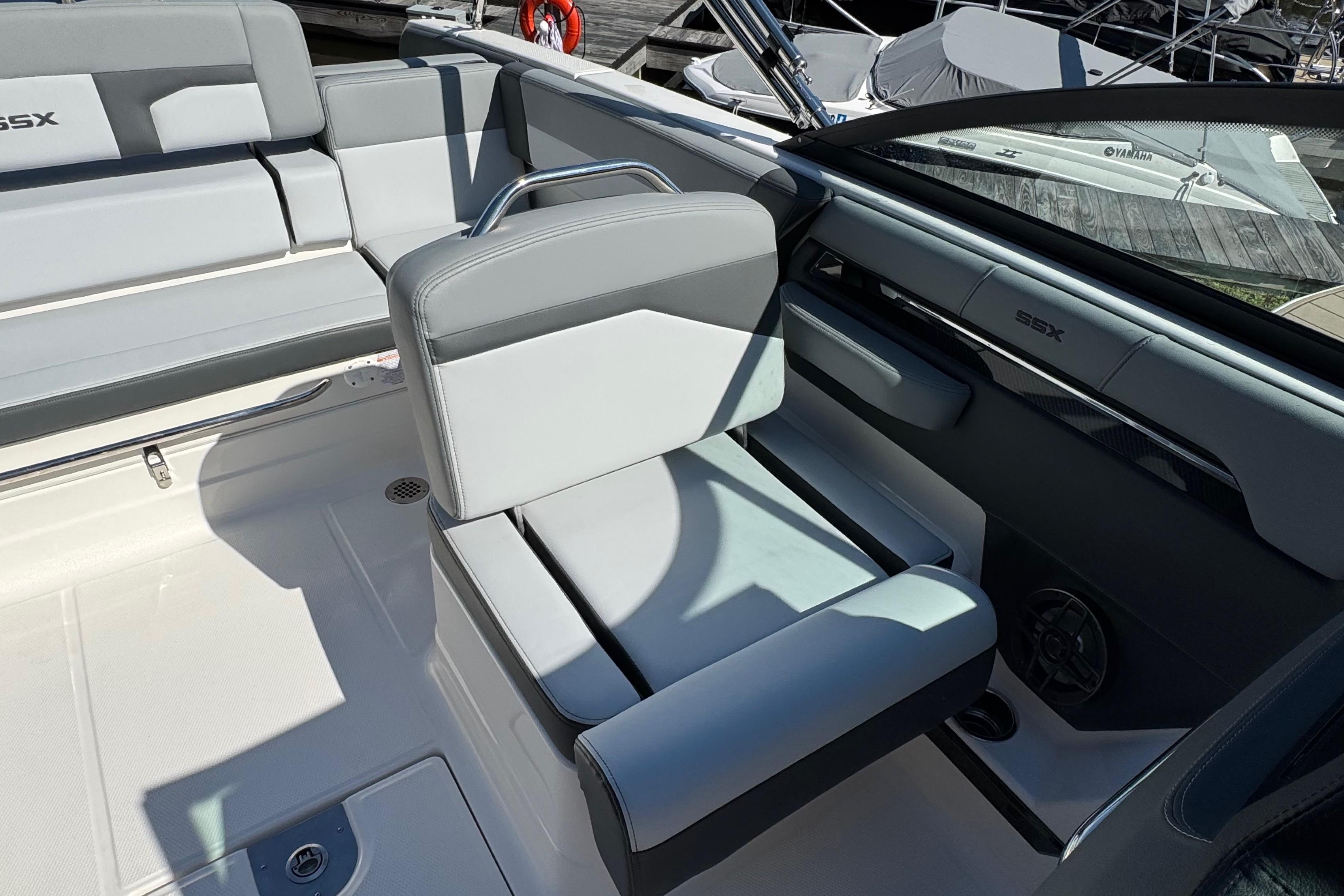 2026 Chaparral SSX 4 boat interior with sleek gray seating and modern design.