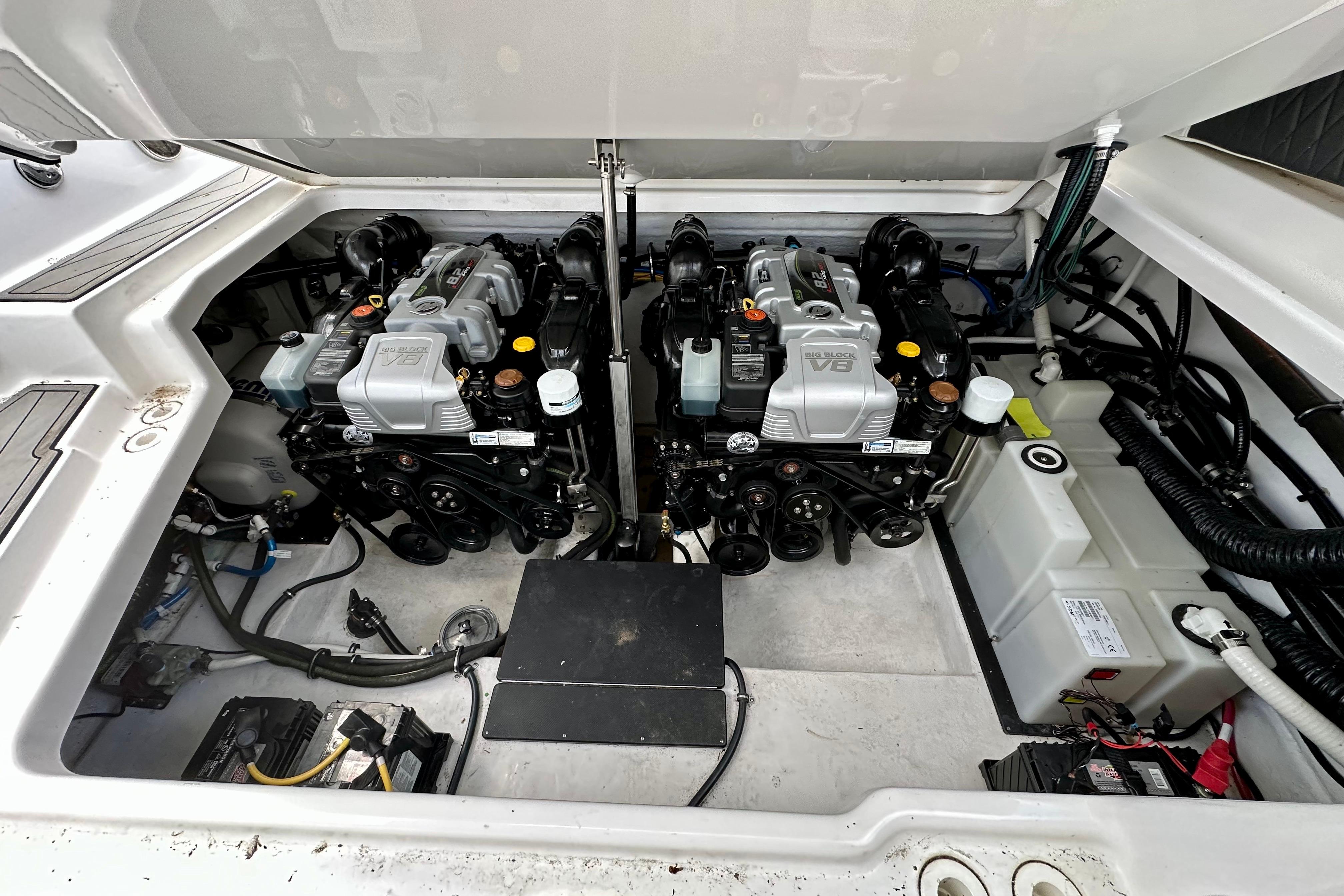 Engine compartment of a 2022 Monterey 378SS Super Sport boat, featuring dual V8 engines.