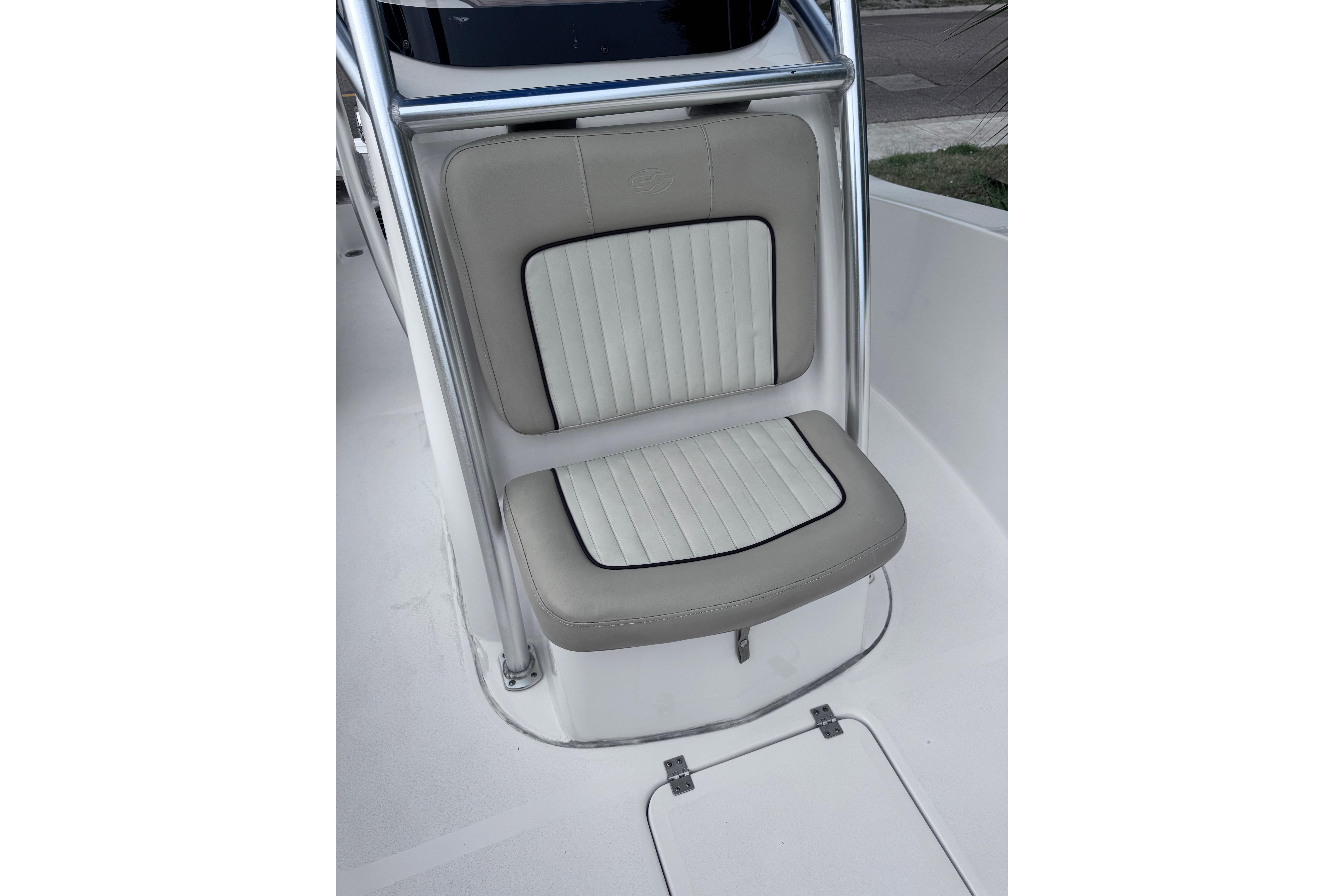 2018 Sea Fox 206 Commander boat seat with cushioned backrest and stainless steel frame.