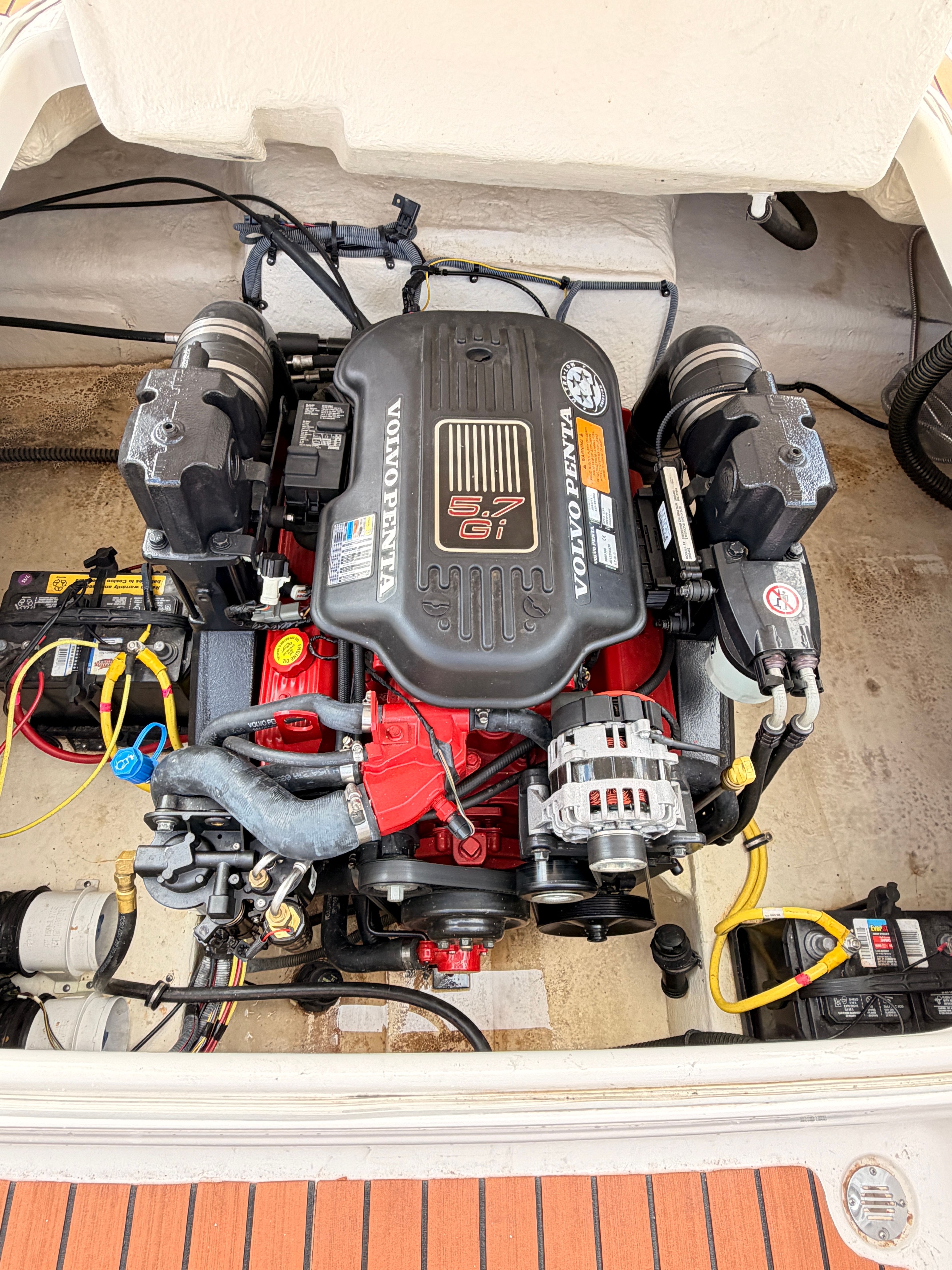 A Volvo Penta engine in a 2008 Chaparral Sunesta 224 boat.