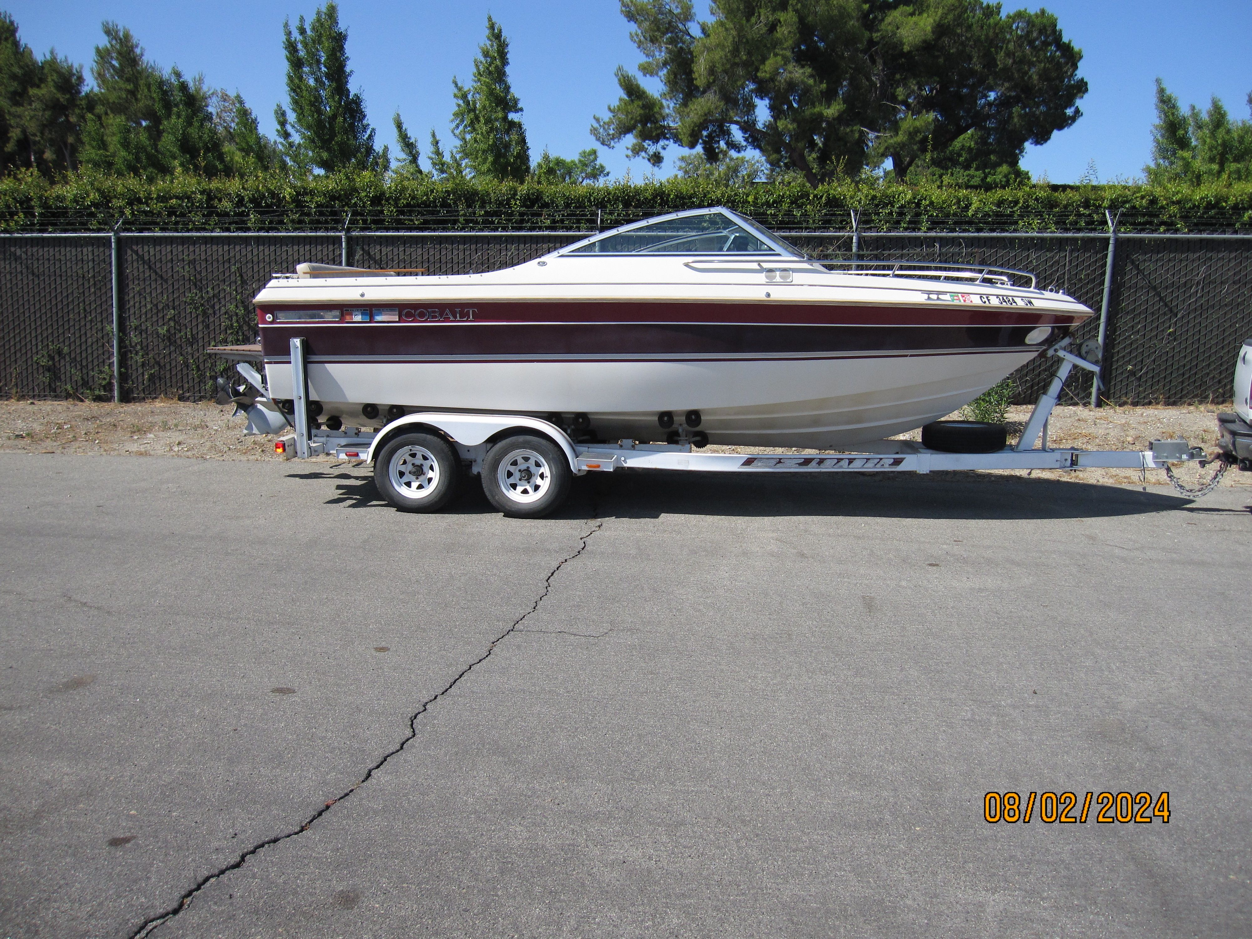 1990 Cobalt Bowrider Classic on trailer, side view.