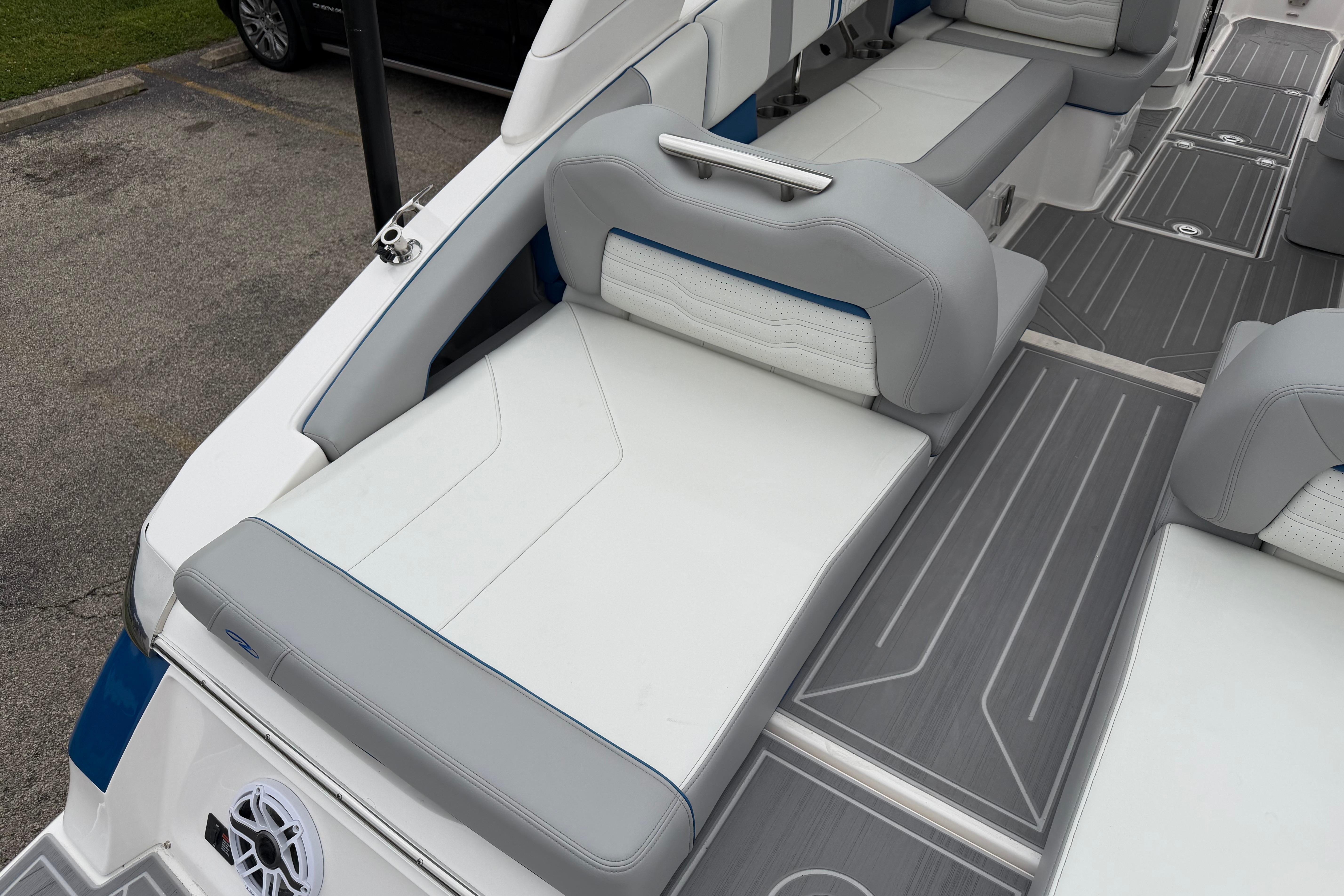 2026 Regal LS9 Surf boat interior with gray and white seating, modern design.