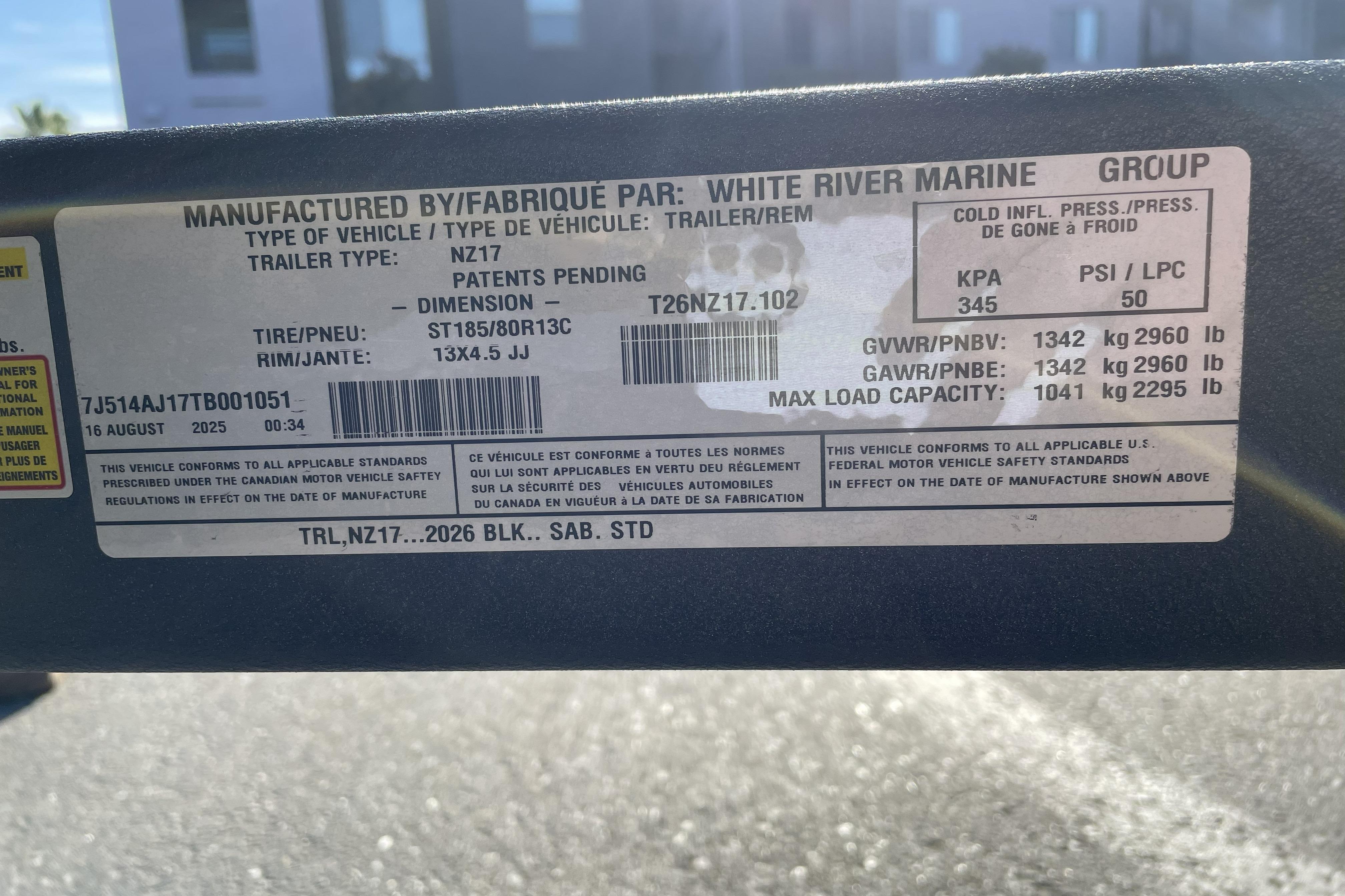 Label on Nitro Z17 trailer, manufactured by White River Marine Group, 2026 model.