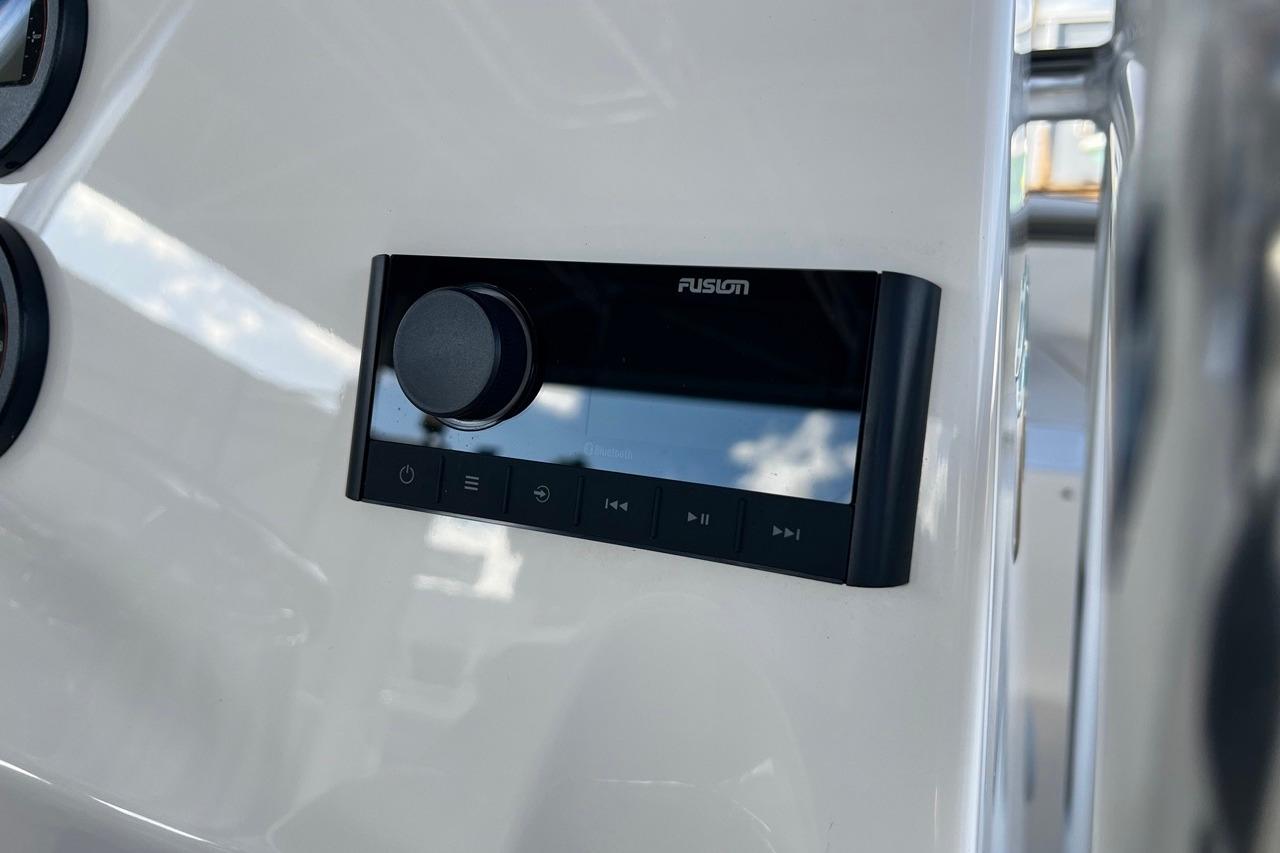 Fusion audio control panel on 2026 Key West 189 FS boat dashboard.