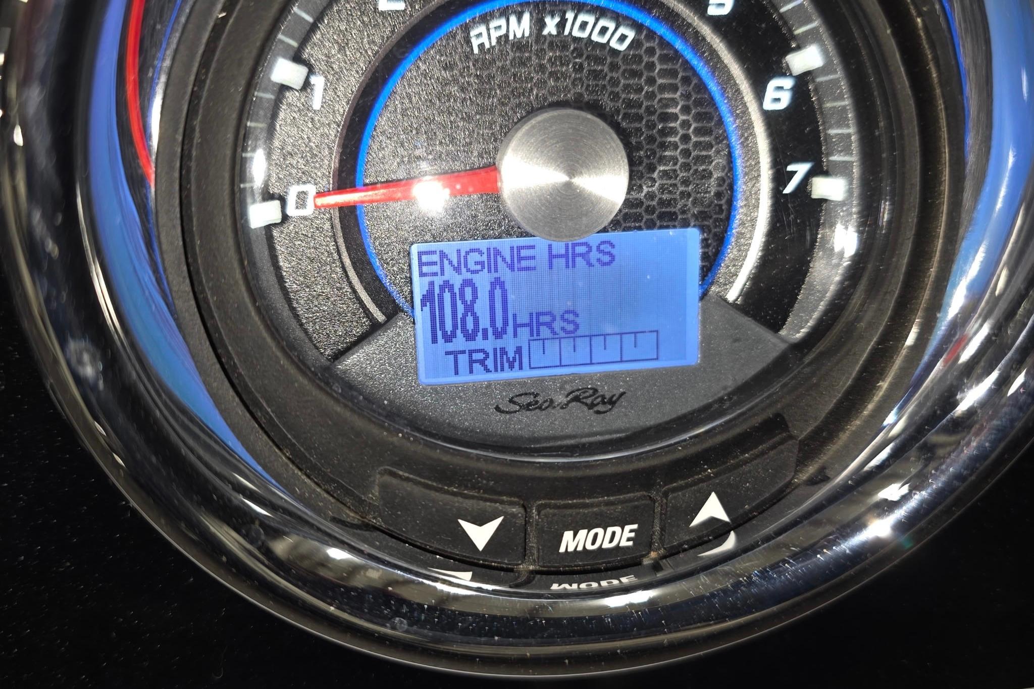 Close-up of 2017 Sea Ray SLX 280 tachometer showing 108 engine hours.