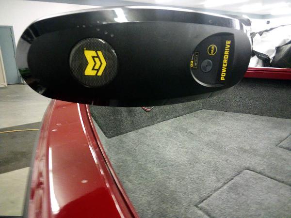 PowerDrive motor on 2025 Ranger VS1665 SC boat, red exterior, gray interior.