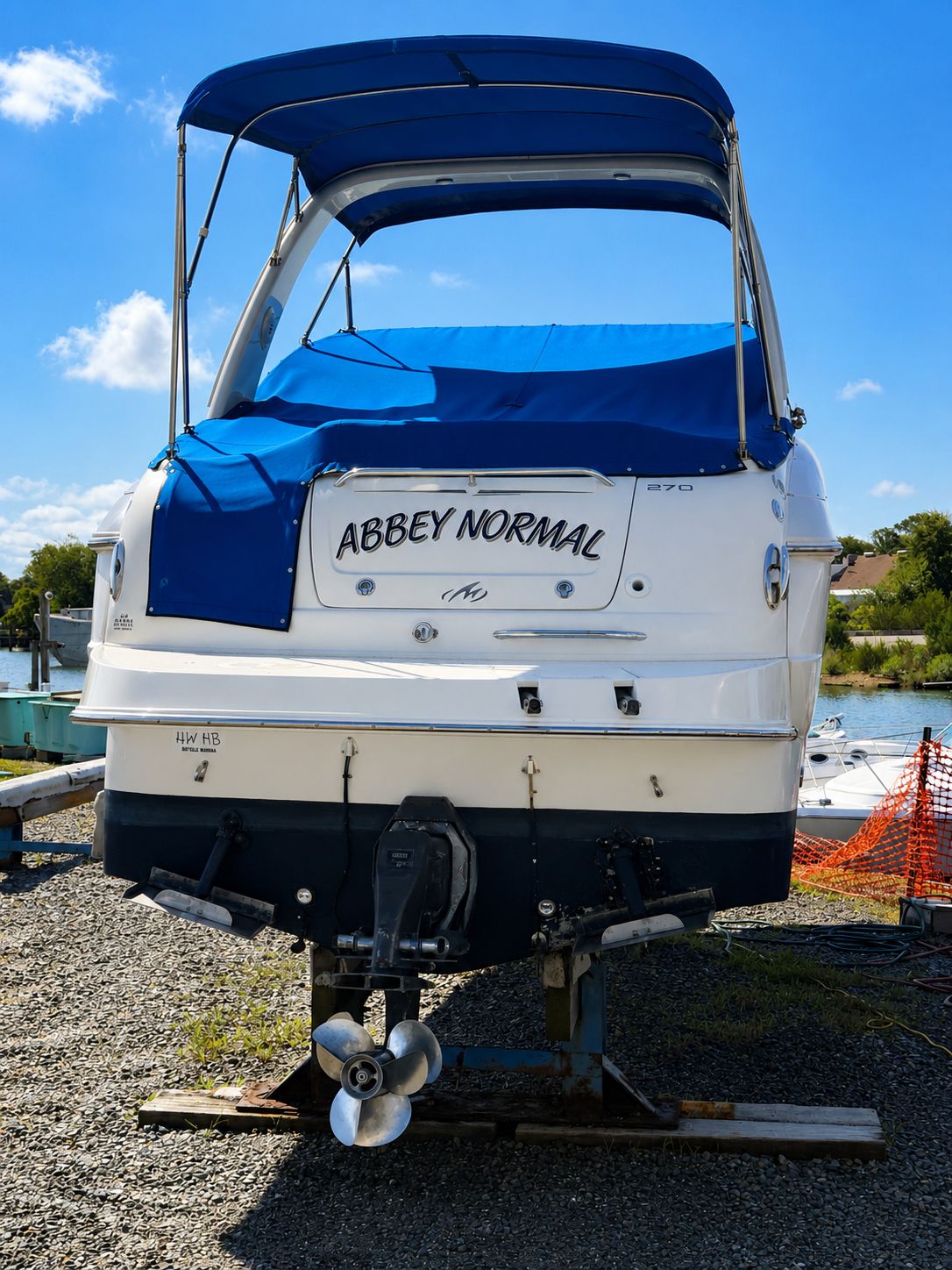 Rear view of a 2006 Monterey 270 Cruiser with blue canopy, on a dry dock.
