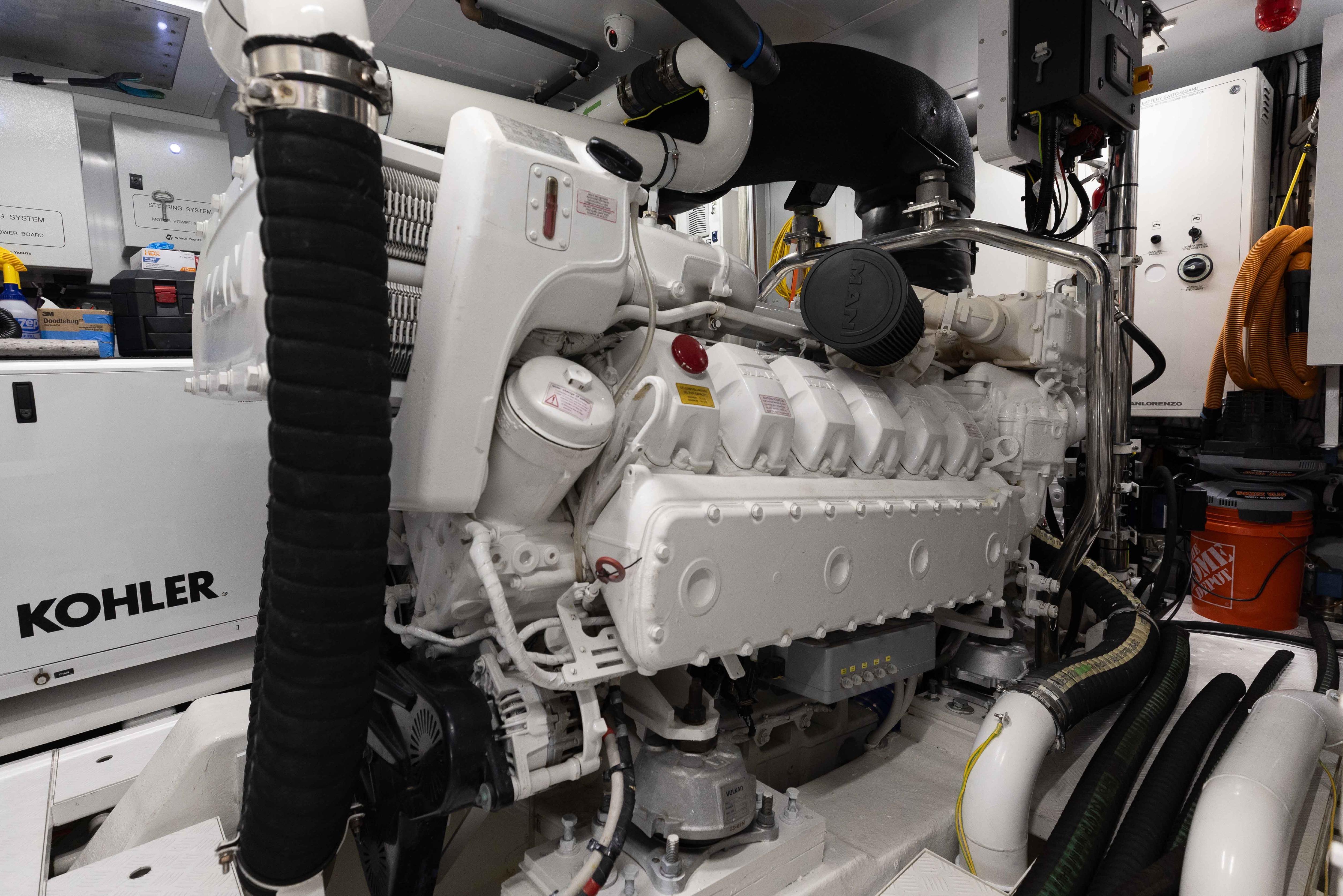 Engine room of 2024 Sanlorenzo SL90A yacht with Kohler generator and MAN engine.