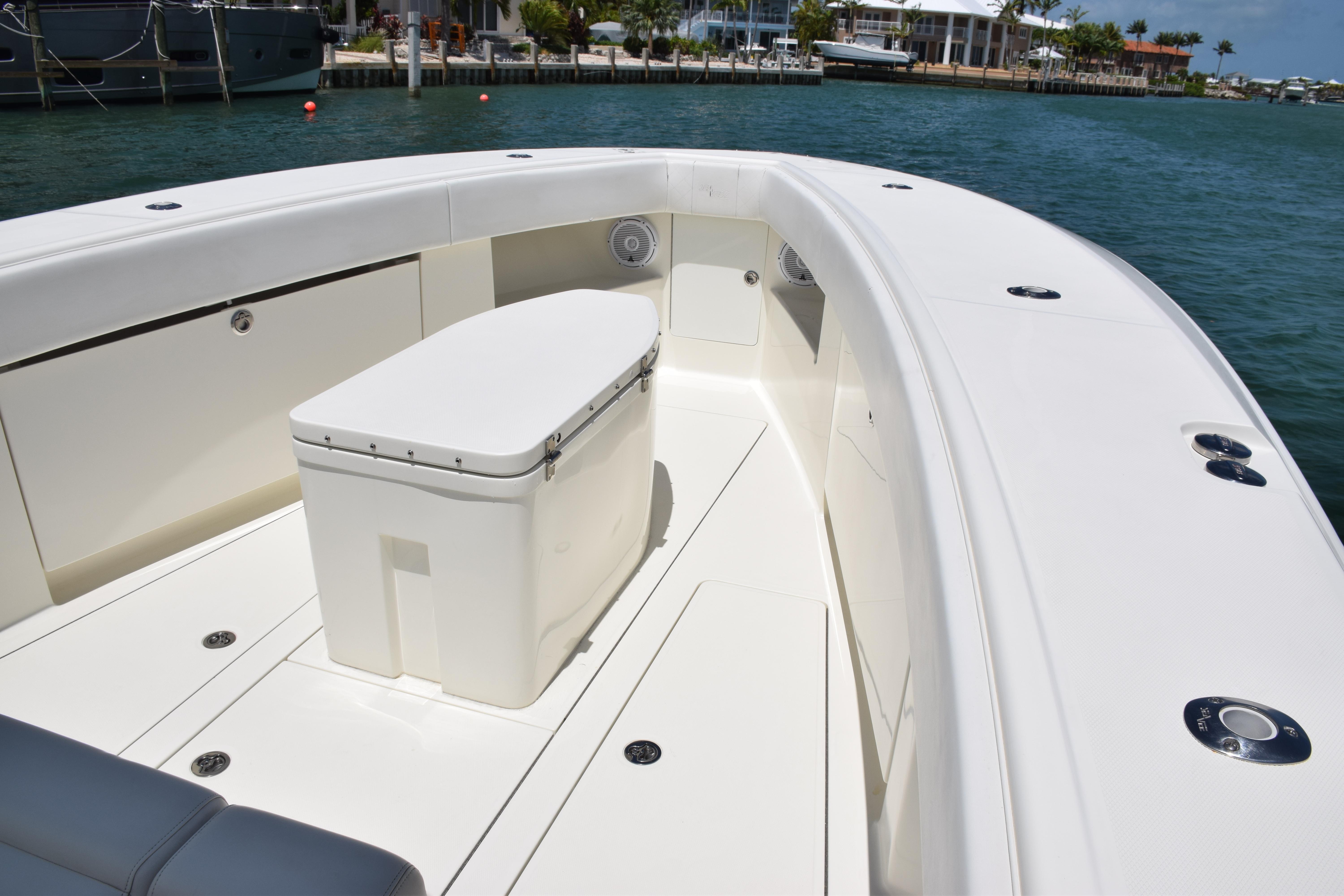 2015 SeaVee 370z boat deck with storage and seating.