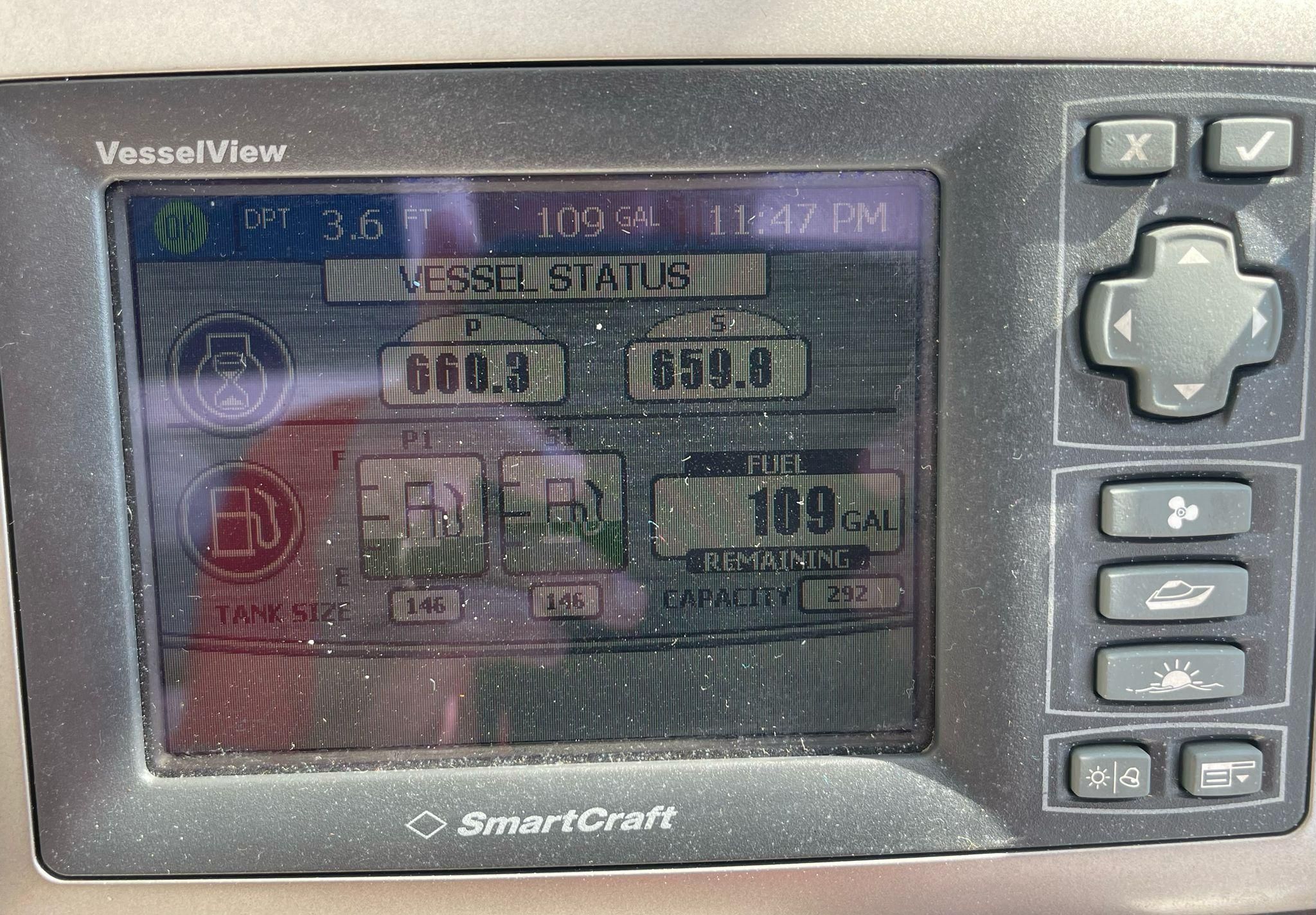 Sea Ray 450 vessel status display, fuel and depth information.