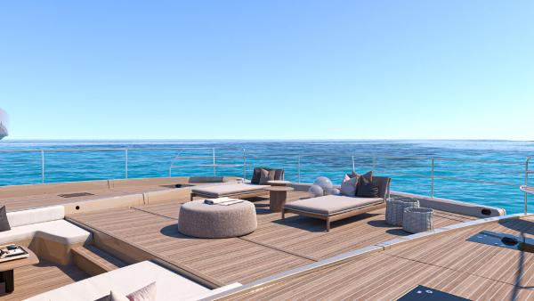 Luxurious Lagoon 83 yacht deck, 2025 model, with elegant seating and ocean view.