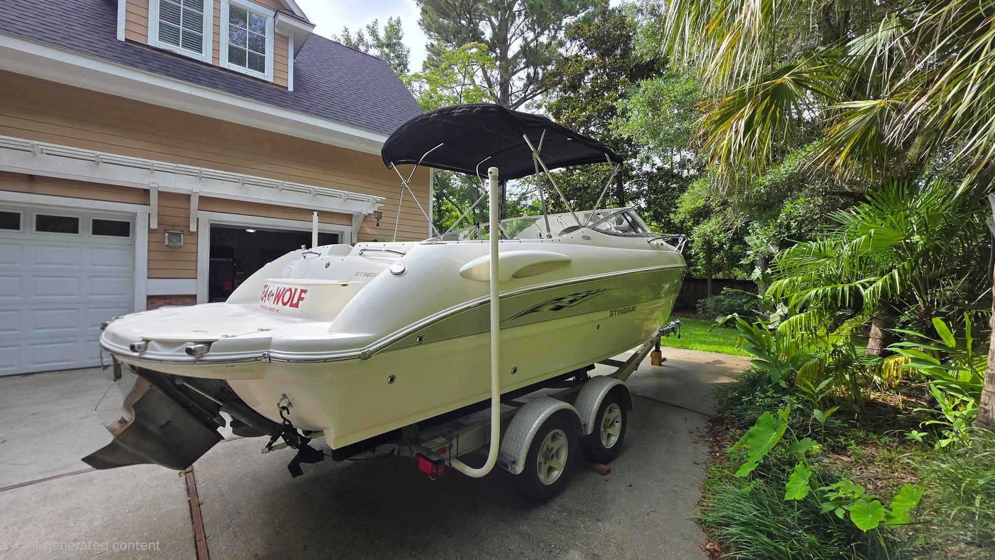 A 2006 Stingray 250 CR boat on a trailer in a driveway next to a house.