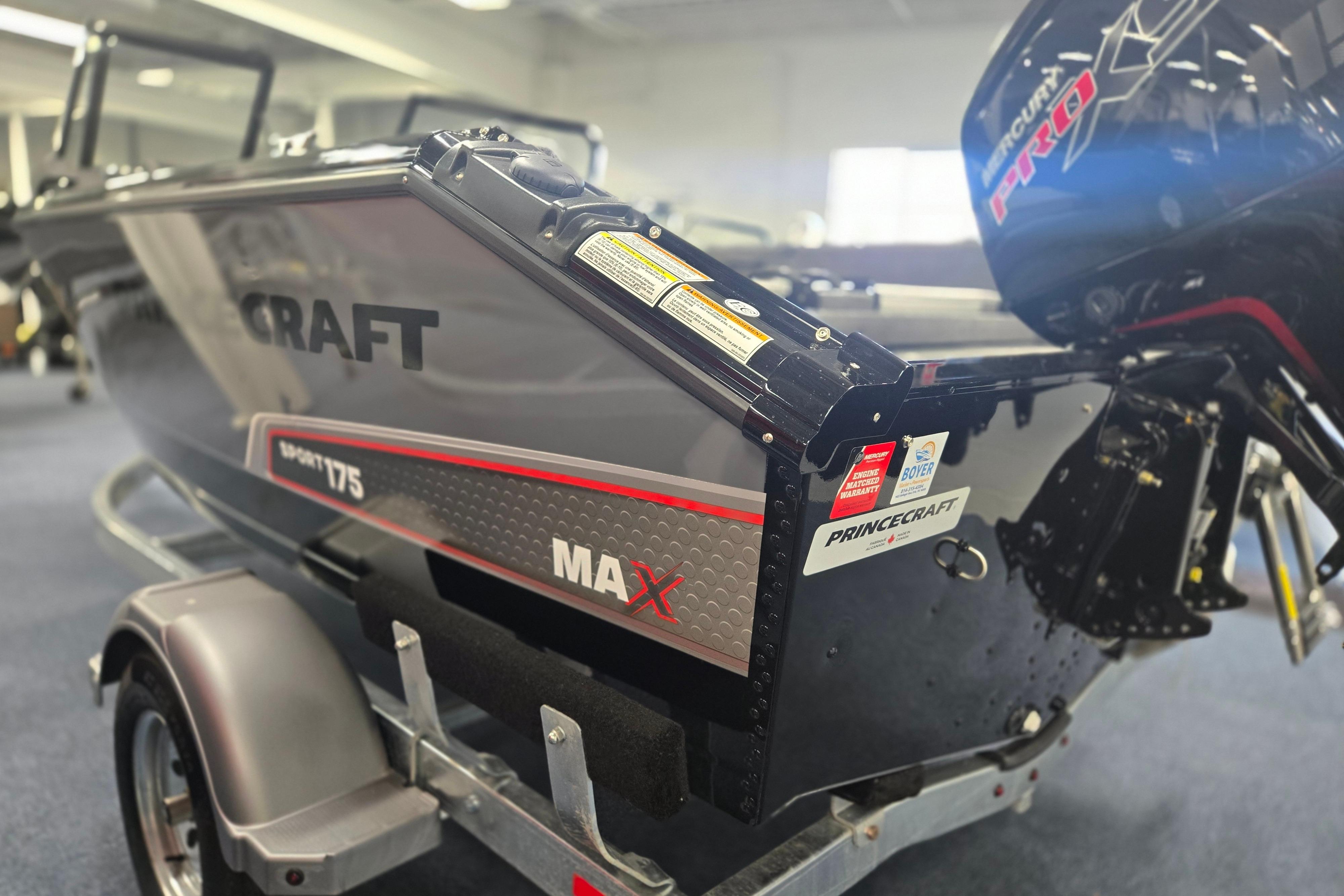 2026 Princecraft Sport 175 MAX boat on trailer, featuring sleek design and powerful engine.