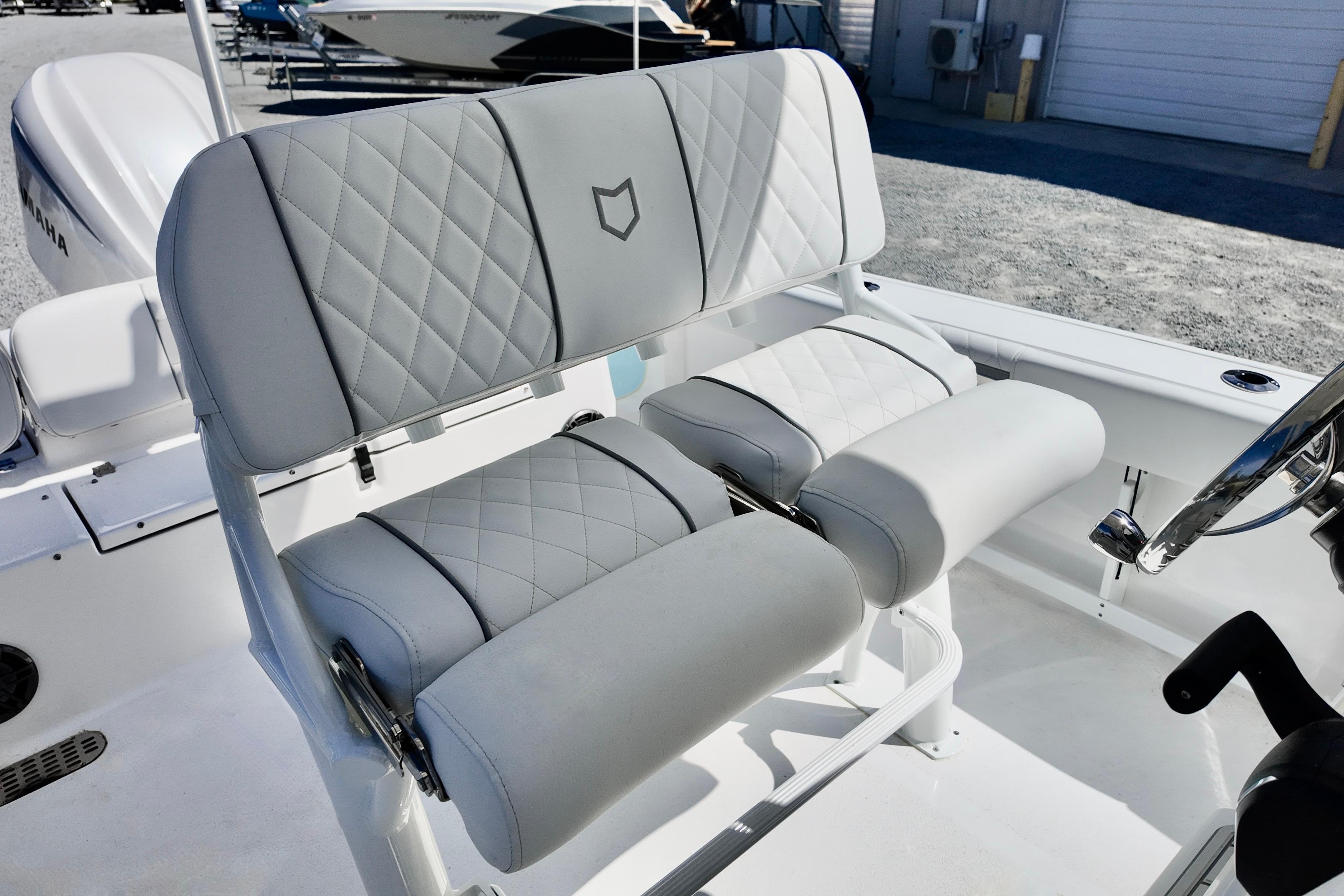 2026 Sea Fox 248 Commander boat seating with quilted upholstery and sleek design.