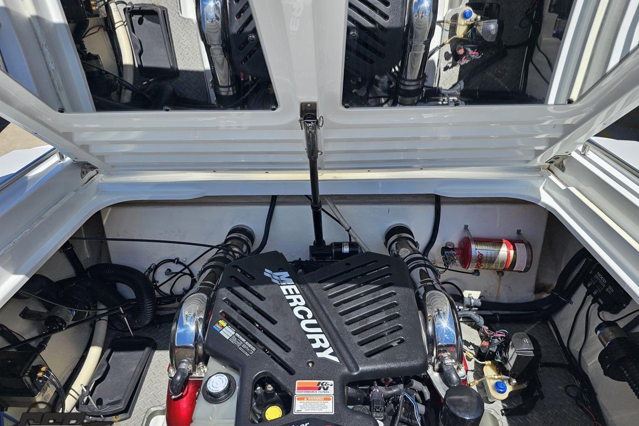 Engine compartment of a 2005 Formula 271 FASTech boat with Mercury engine.