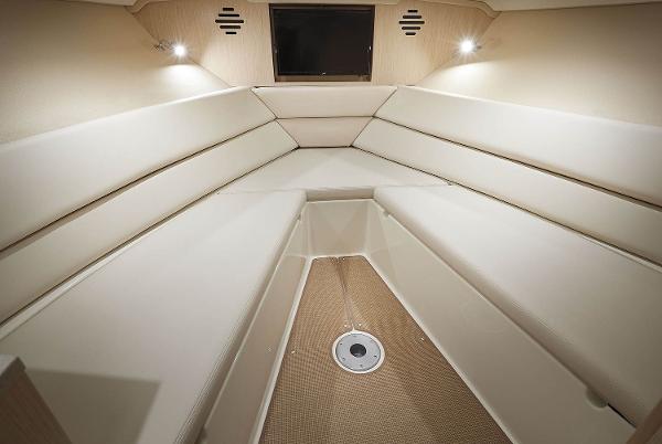Interior of 2021 Chris-Craft Corsair 34 with elegant upholstery.