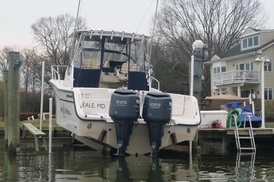2002 Grady-White Marlin 300 boat docked with twin engines, residential backdrop.