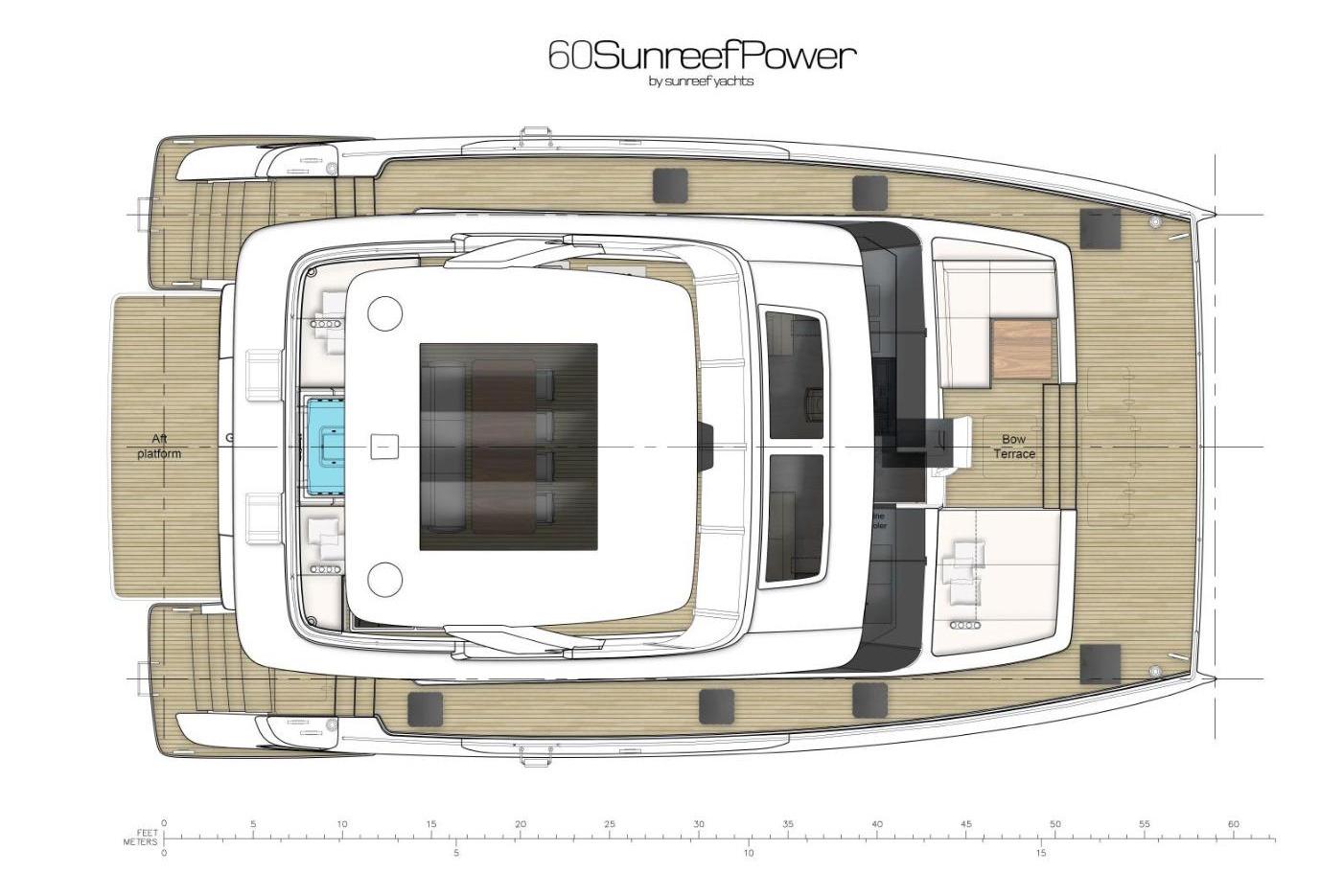 Top view layout of 2026 Sunreef 60 Power yacht, featuring spacious deck and modern design.