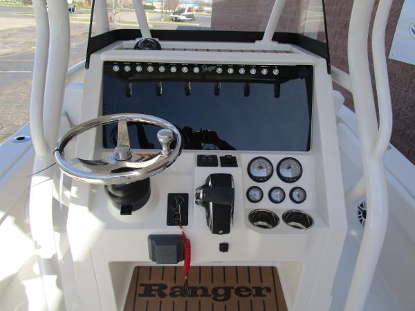 2024 Ranger 2660 Bay boat console with steering wheel and gauges.