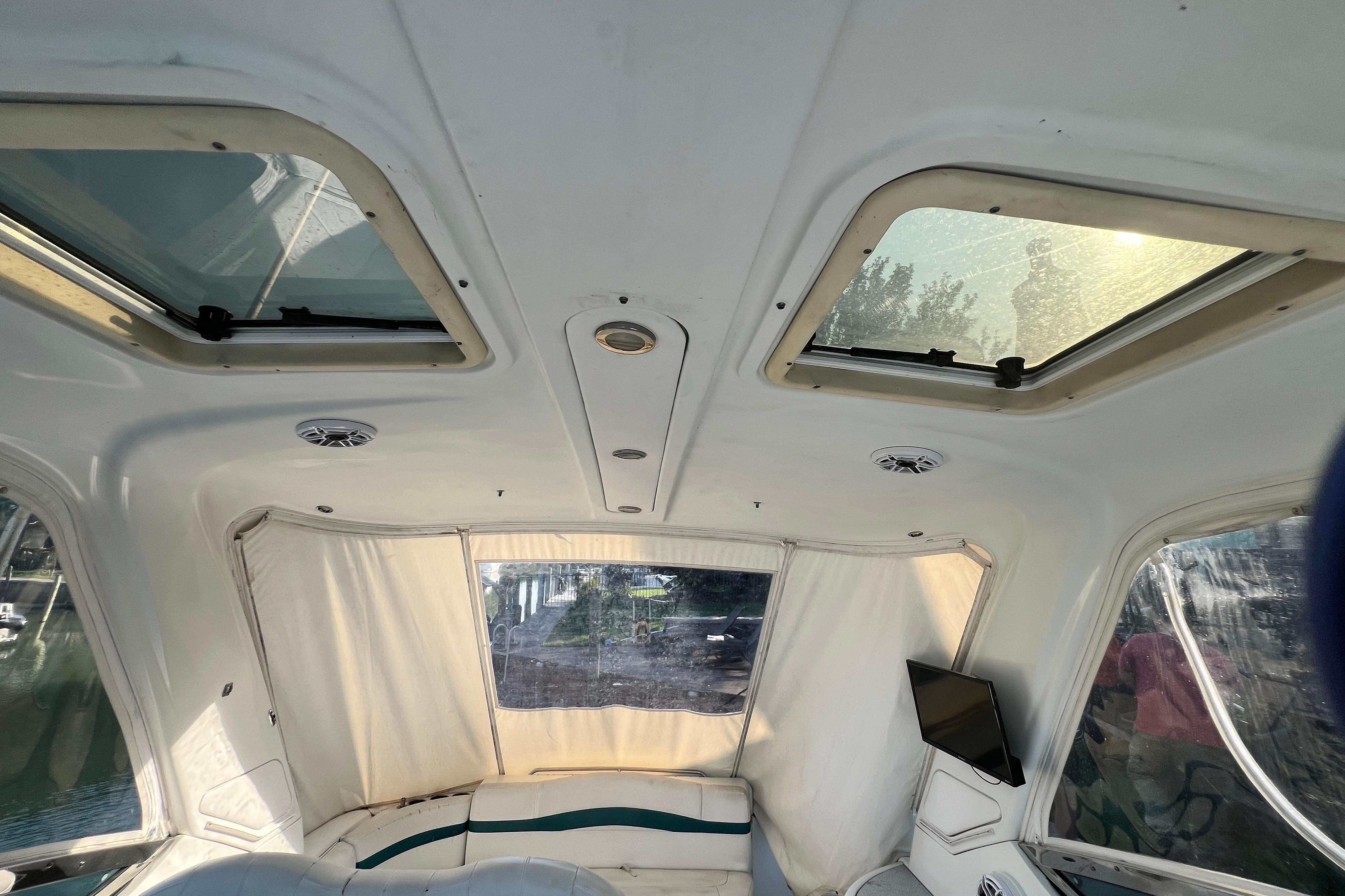 Interior view of 2006 Formula 40 Performance Cruiser with skylights and seating area.