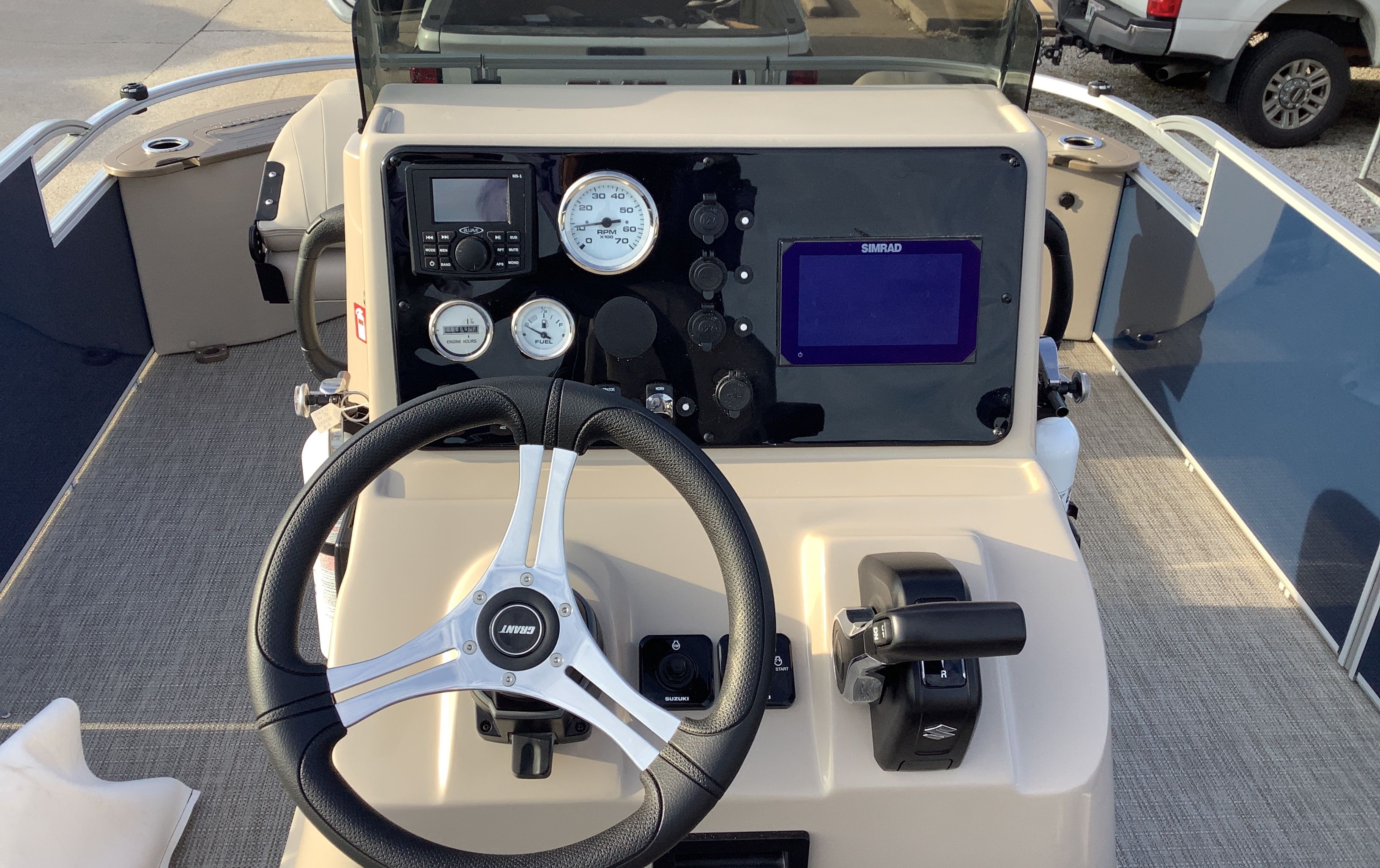 2026 Landau Alure 23CC Fish helm with steering wheel and instruments.