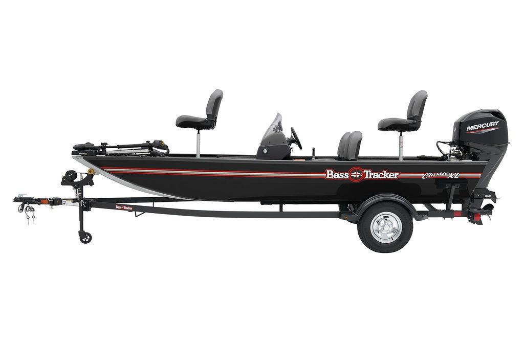 2026 Tracker Bass Tracker Classic XL fishing boat with trailer, side view.