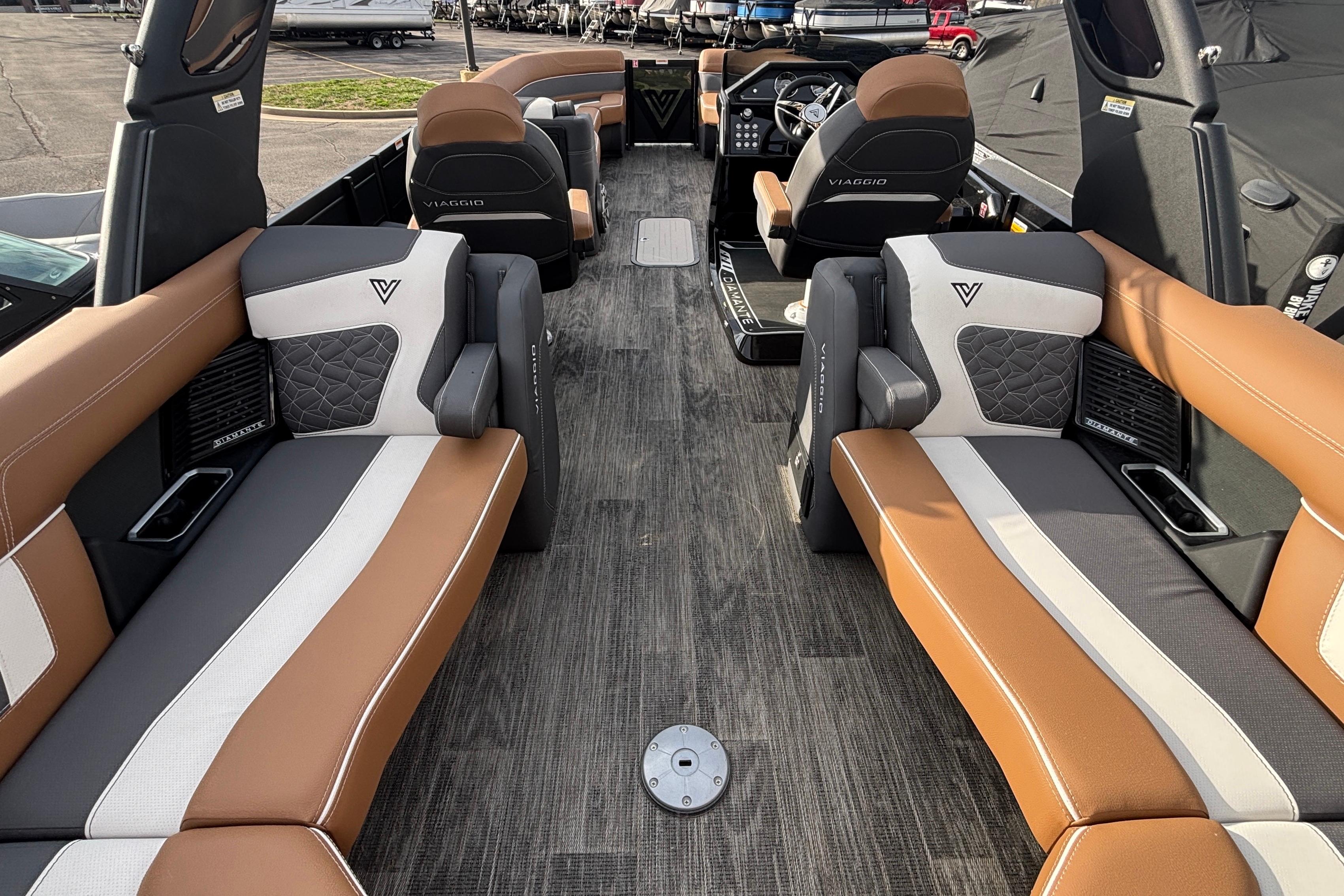 Luxurious interior of 2026 Viaggio Diamante U 26 boat with elegant seating and modern design.